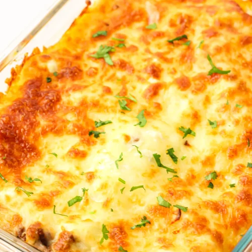 Freezer lasagna baked golden in a glass dish