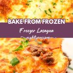 Freezer lasagna baked golden in the dish and a slice on a plate