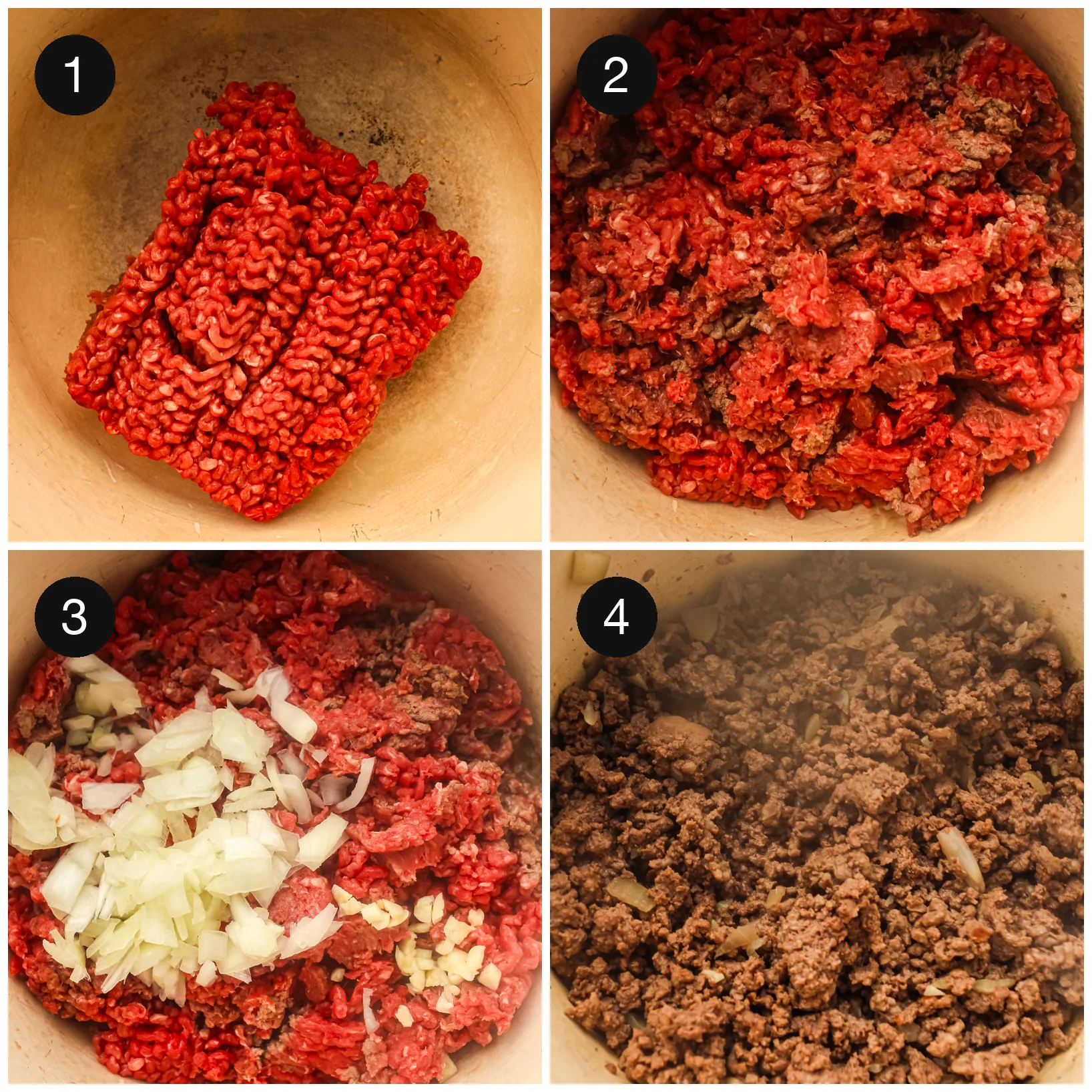 Beef mince in a pan with chopped onion and garlic, cooked until browned