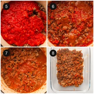 Tomato sauce simmering with the browned meat, then spread across a glass dish