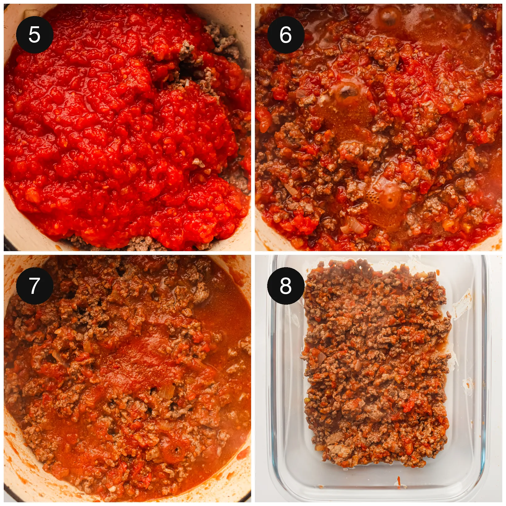 Tomato sauce simmering with the browned meat, then spread across the base of a glass dish
