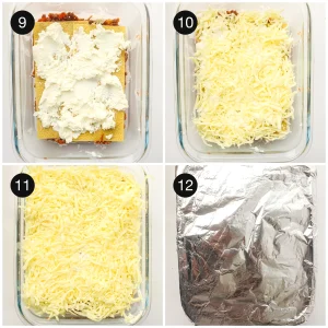 Ricotta spread over pasta sheets, covered with shredded cheese and sealed under foil