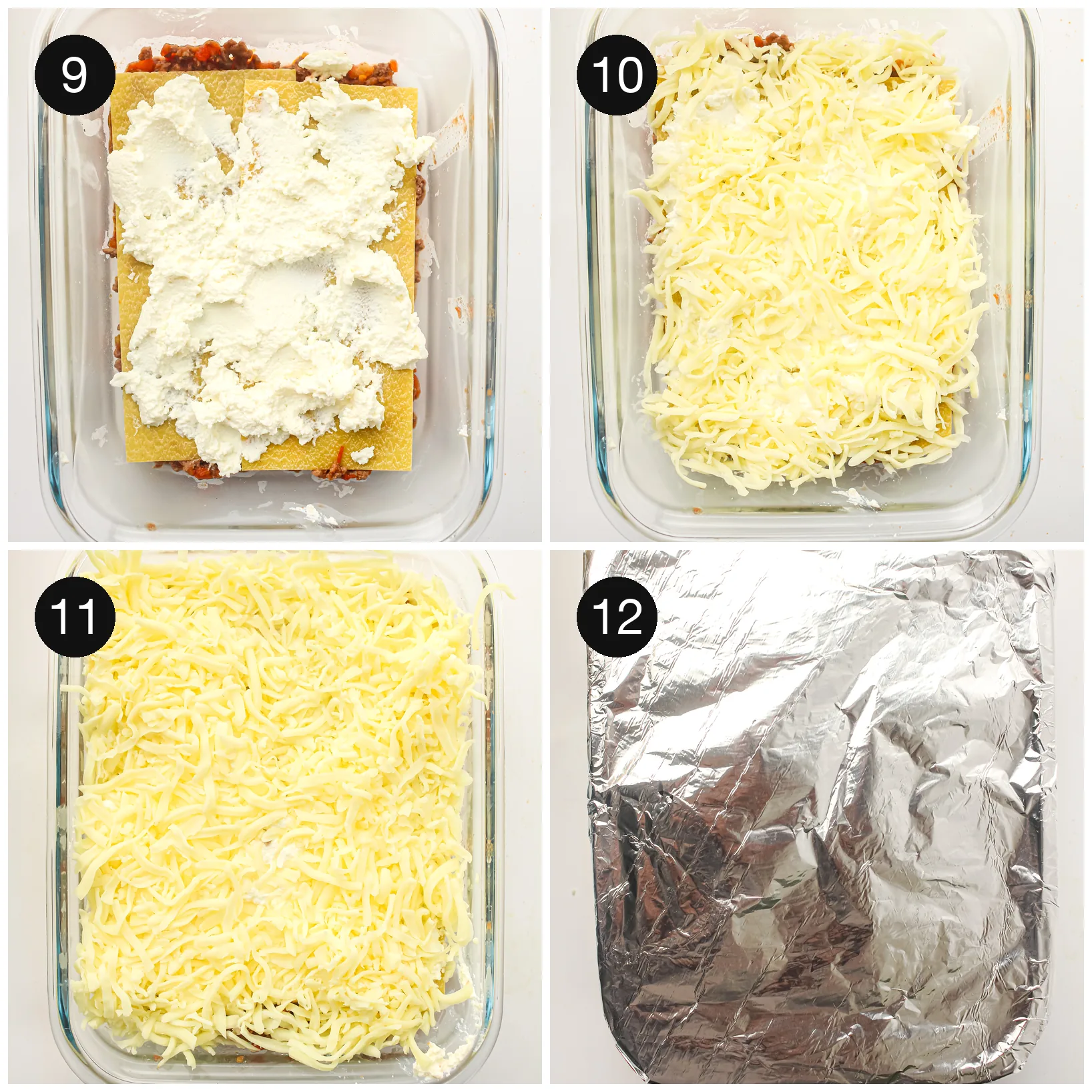 Ricotta spread over pasta sheets, covered with shredded cheese and sealed under foil
