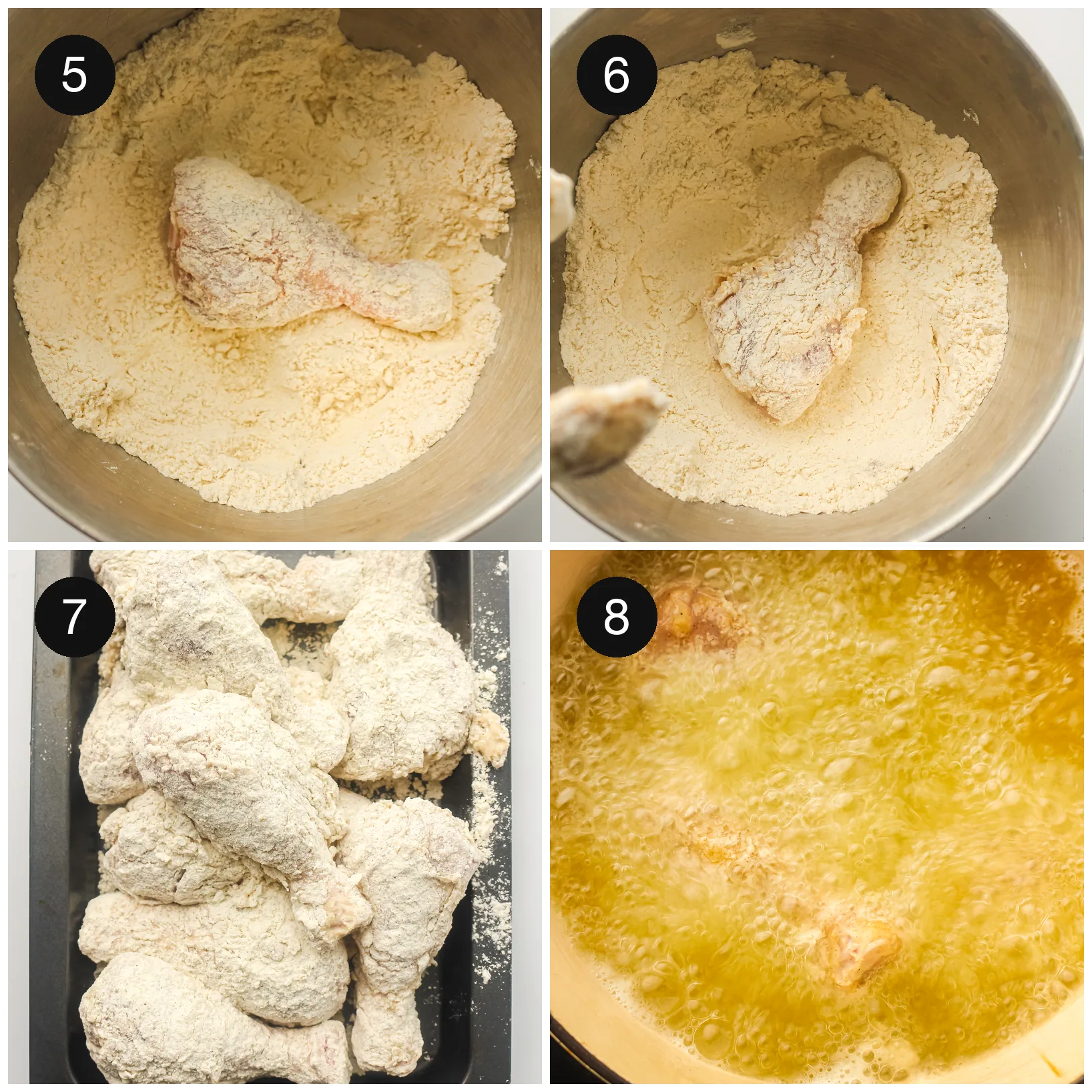 Thickly coated raw legs on a tray, then lowered into bubbling oil