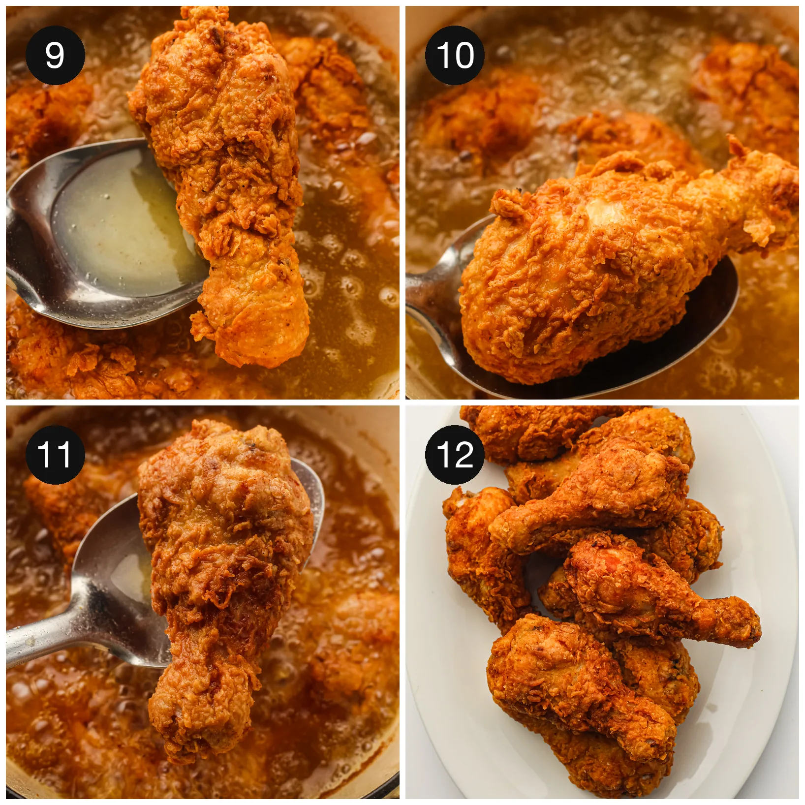 Golden legs lifted from the oil with a slotted spoon and piled onto a serving plate