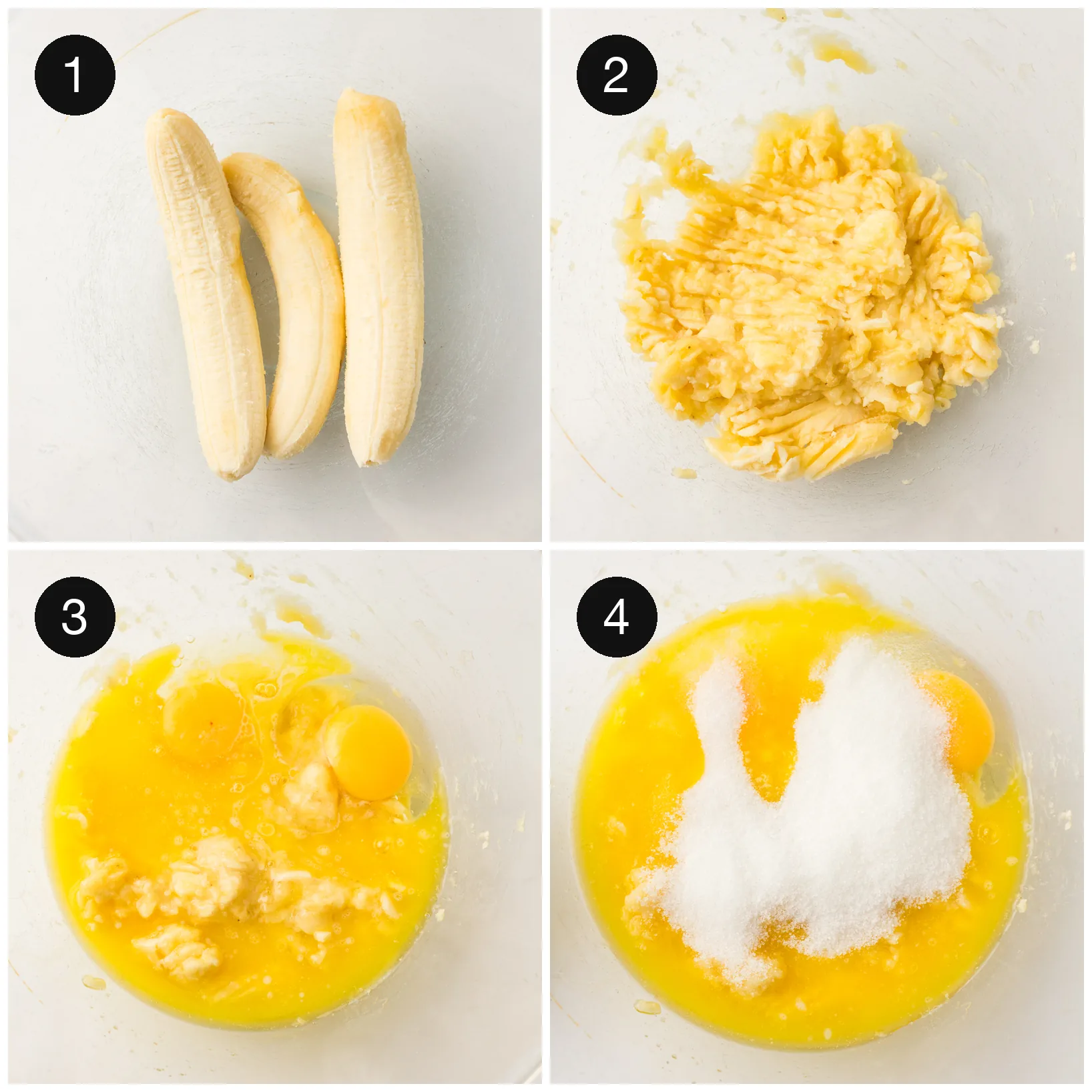 Ripe bananas mashed smooth in a mixing bowl