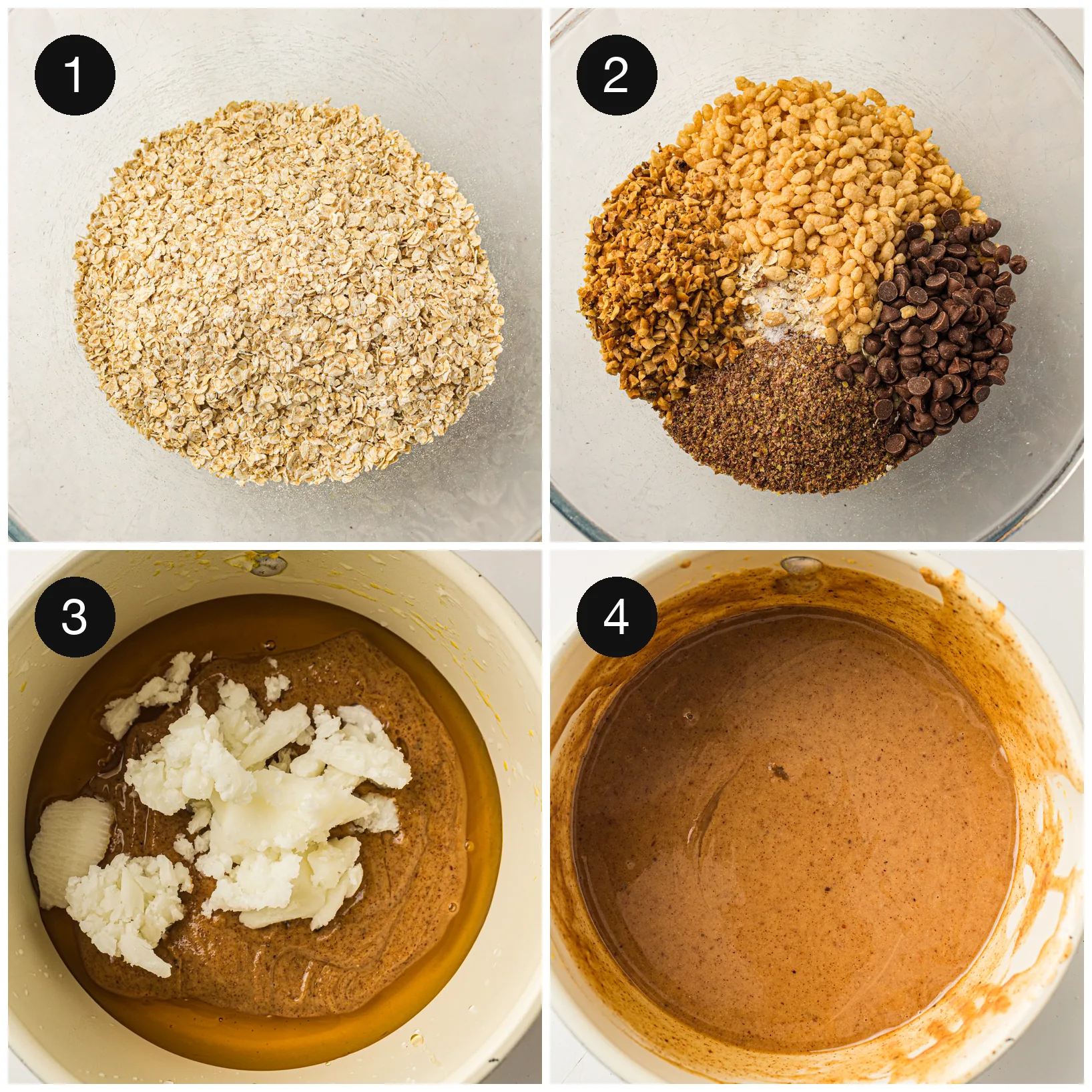 Oats, cereal, seeds and chocolate chips stirred together in a bowl