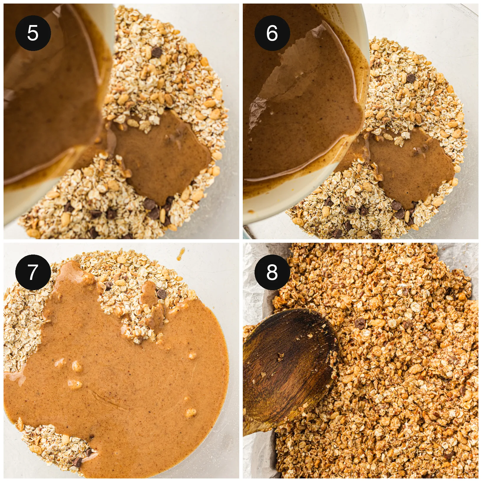Warm syrup poured over the dry mixture and stirred through