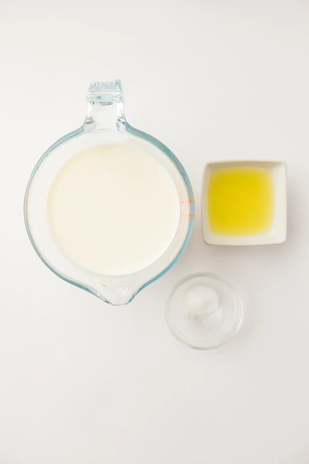 Ingredients for homemade cottage cheese: a jug of whole milk, lemon juice and a small dish of salt