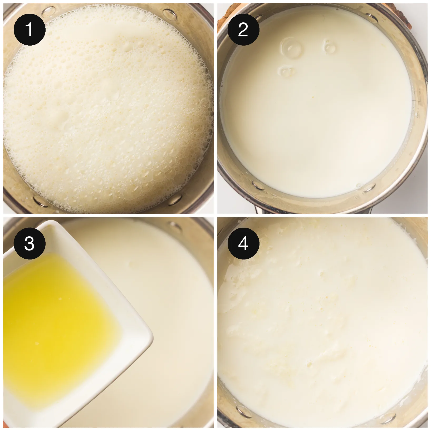Milk heating in a deep pot, then lemon juice poured in and the mixture starting to separate
