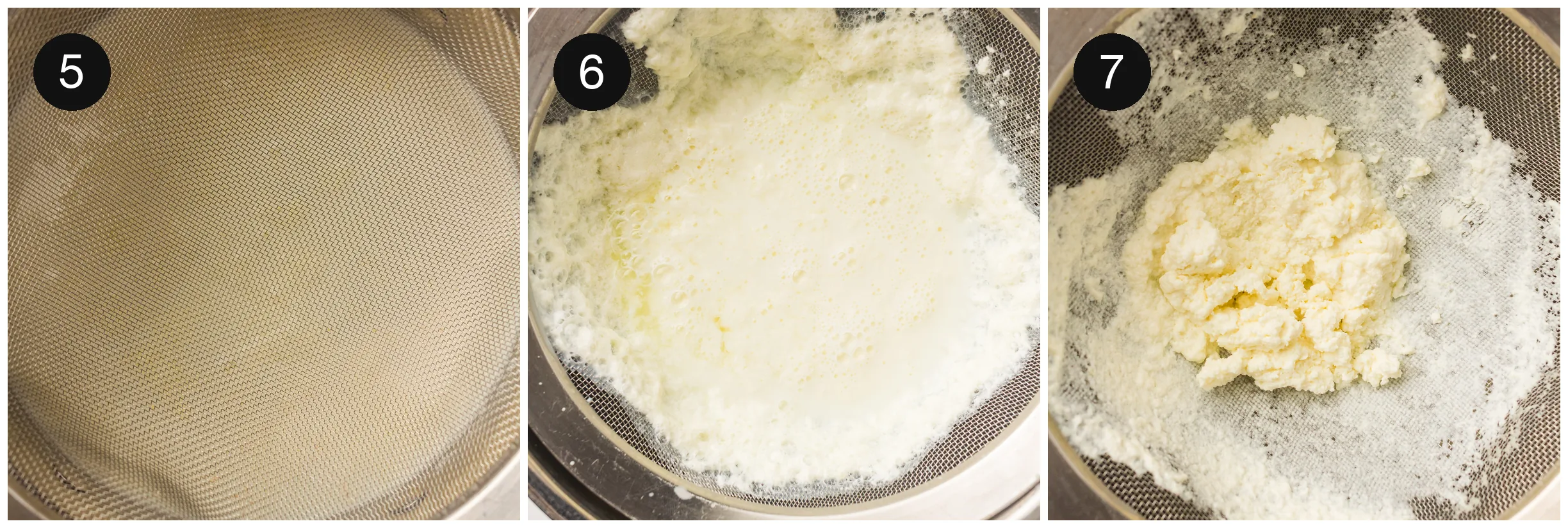 Curds separating from the pale whey, then draining in a cloth lined sieve