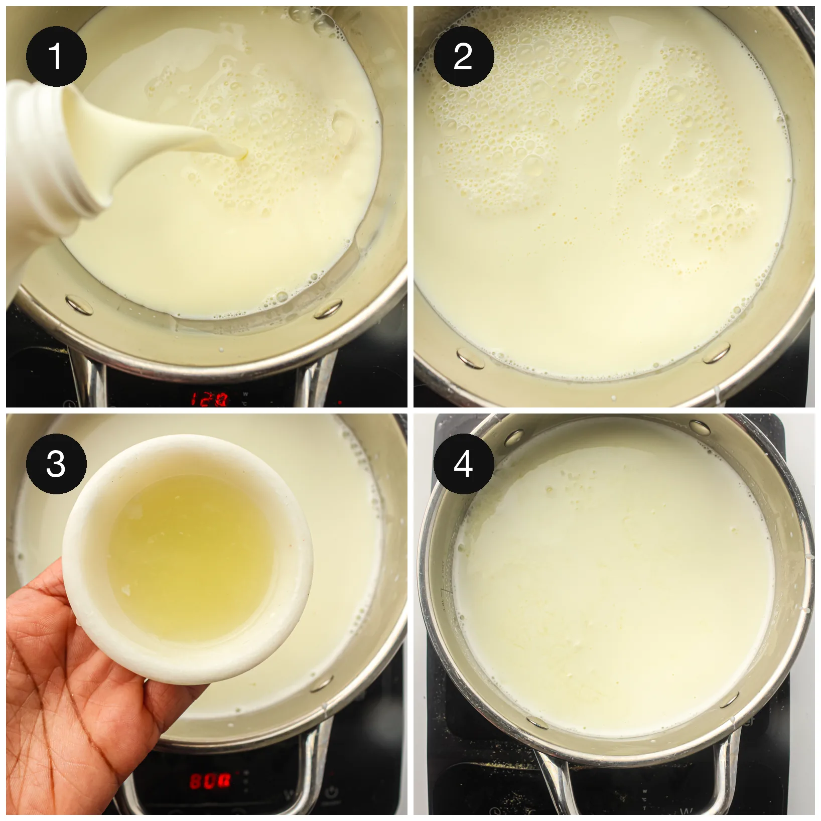 Milk poured into a saucepan and warmed until steaming, with lemon juice ready in a small dish