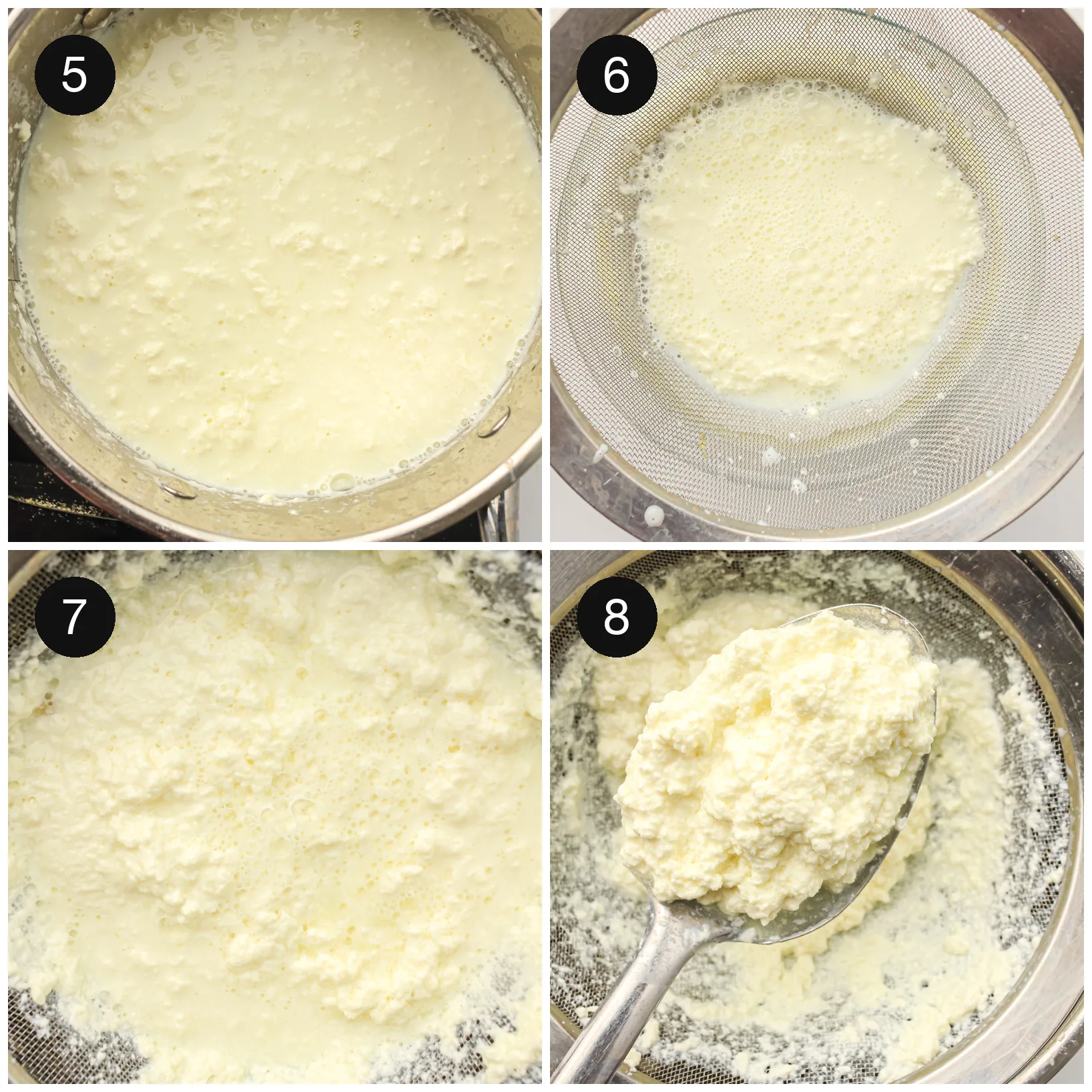 Separated curds poured into a cloth lined sieve and left to drain over a bowl