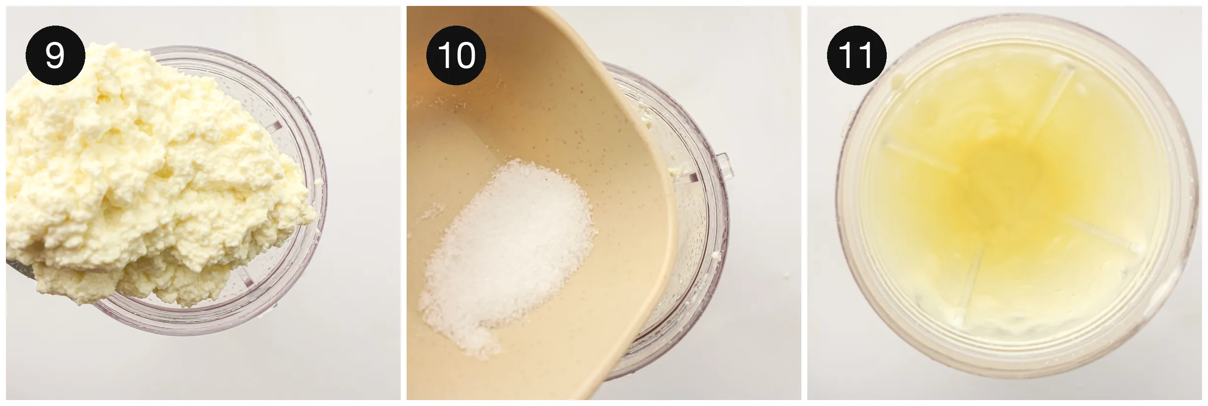 Drained curds blended with a pinch of salt until smooth, with the strained whey set aside