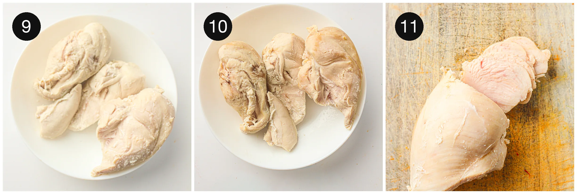 Chilled poached breast being sliced very thinly on a wooden board