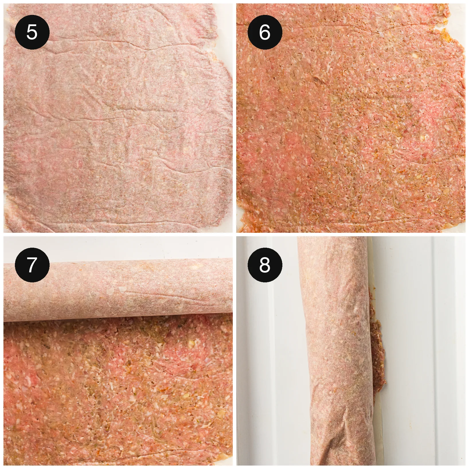 Seasoned meat rolled between two sheets of parchment into a thin even rectangle