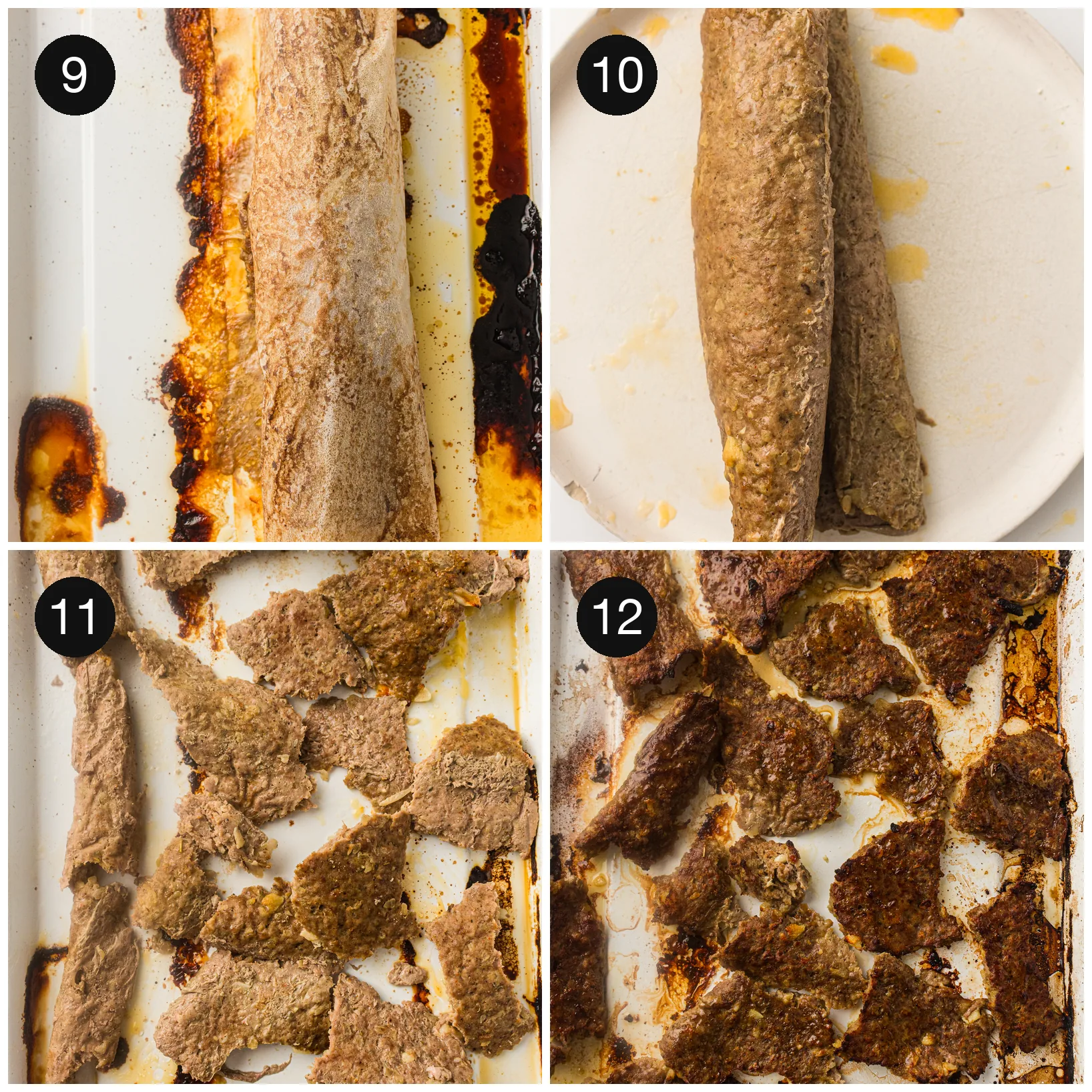 Baked meat log torn into thin pieces and spread across the tray