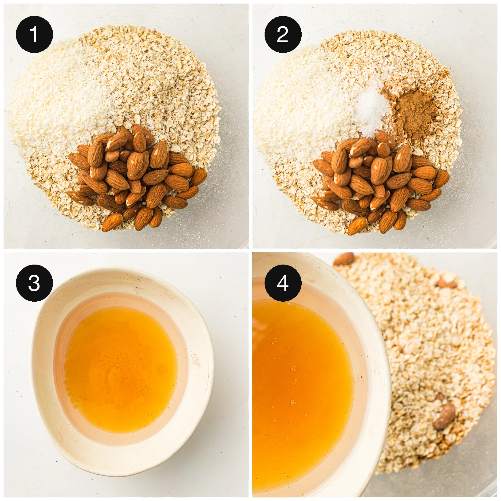 Rolled oats and whole almonds in a bowl with cinnamon and salt, and melted syrup and oil whisked in a second bowl