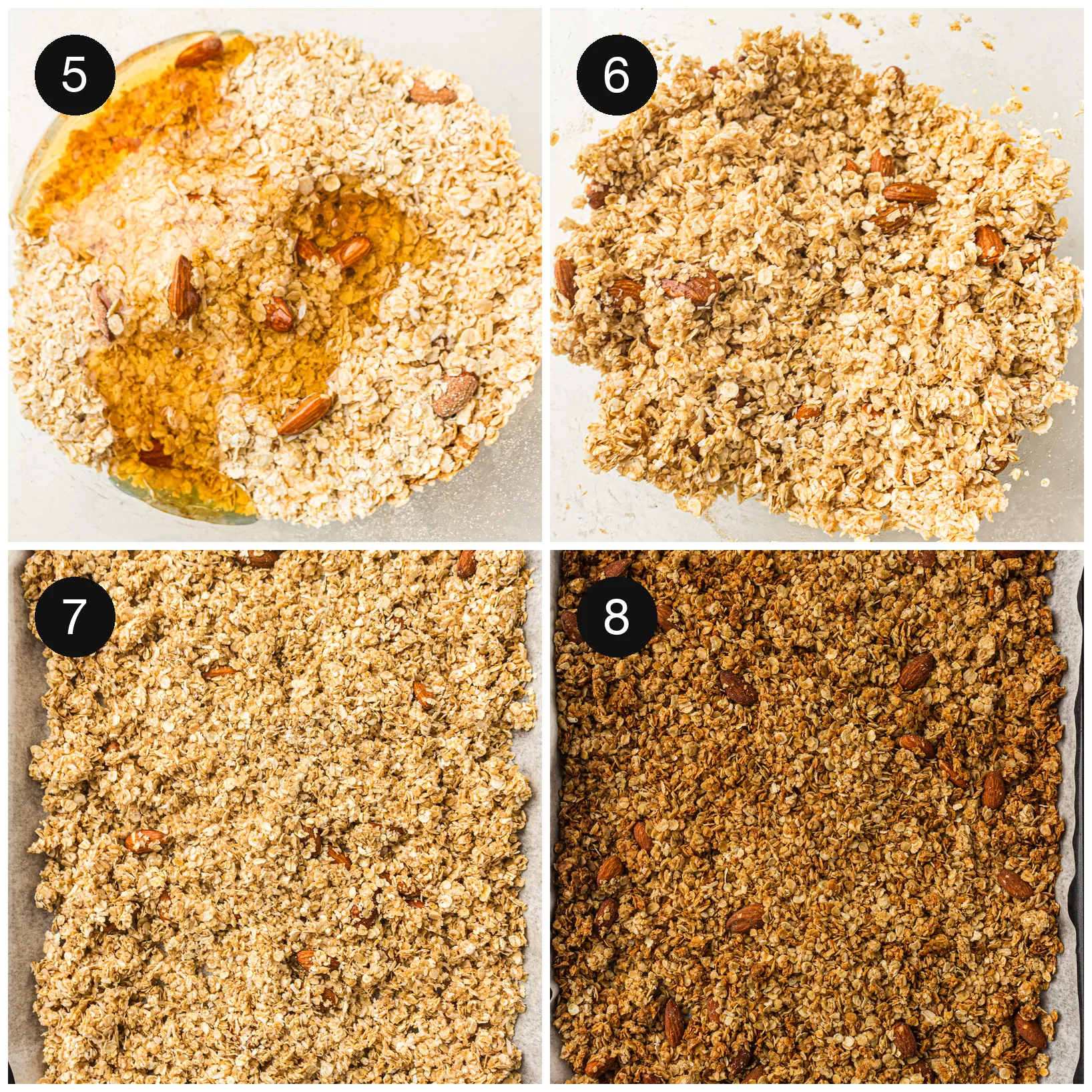 The coated oat mixture pressed into an even layer on a lined tray, then baked to golden brown