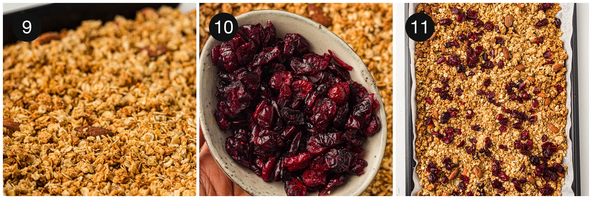 Cooled golden clusters on the tray with a bowl of dried cranberries stirred through at the end