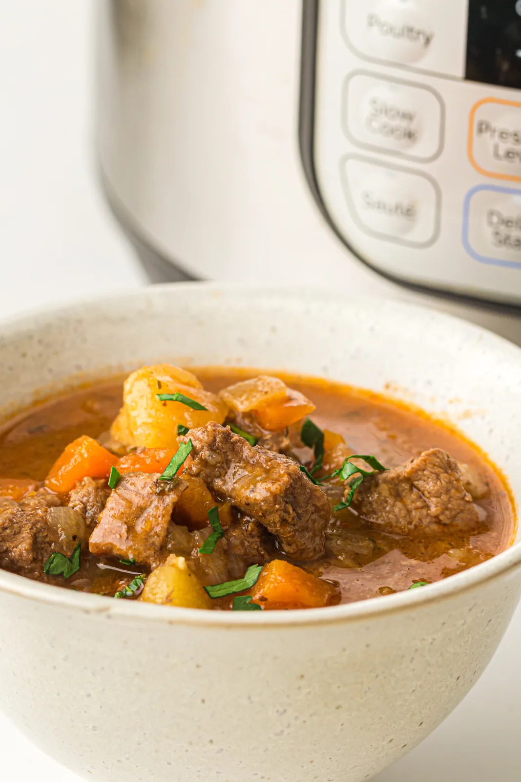 Instant pot beef stew in a cream bowl with carrots and potatoes, pressure cooker behind