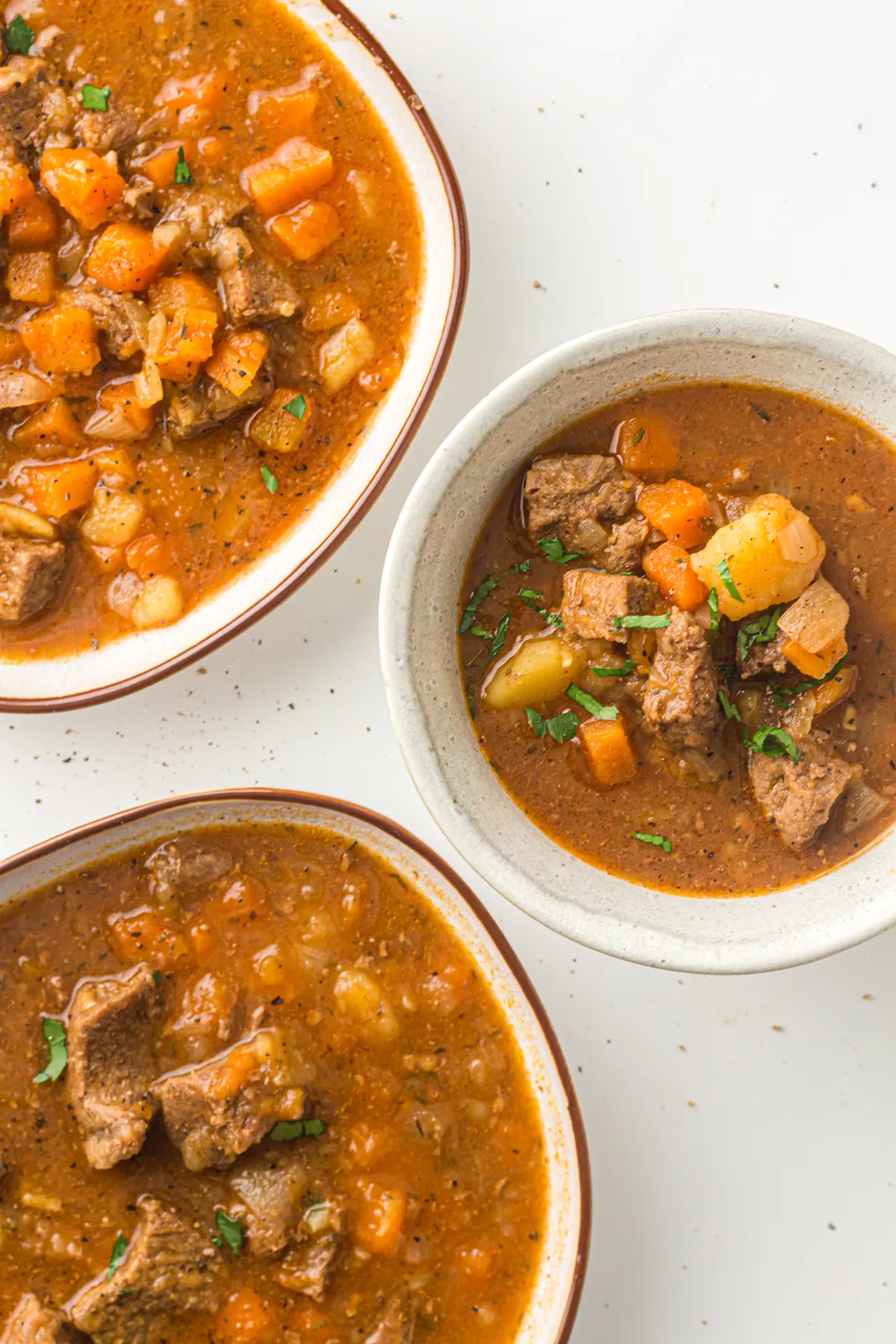 Two bowls of rich brown beef and vegetable casserole seen from above