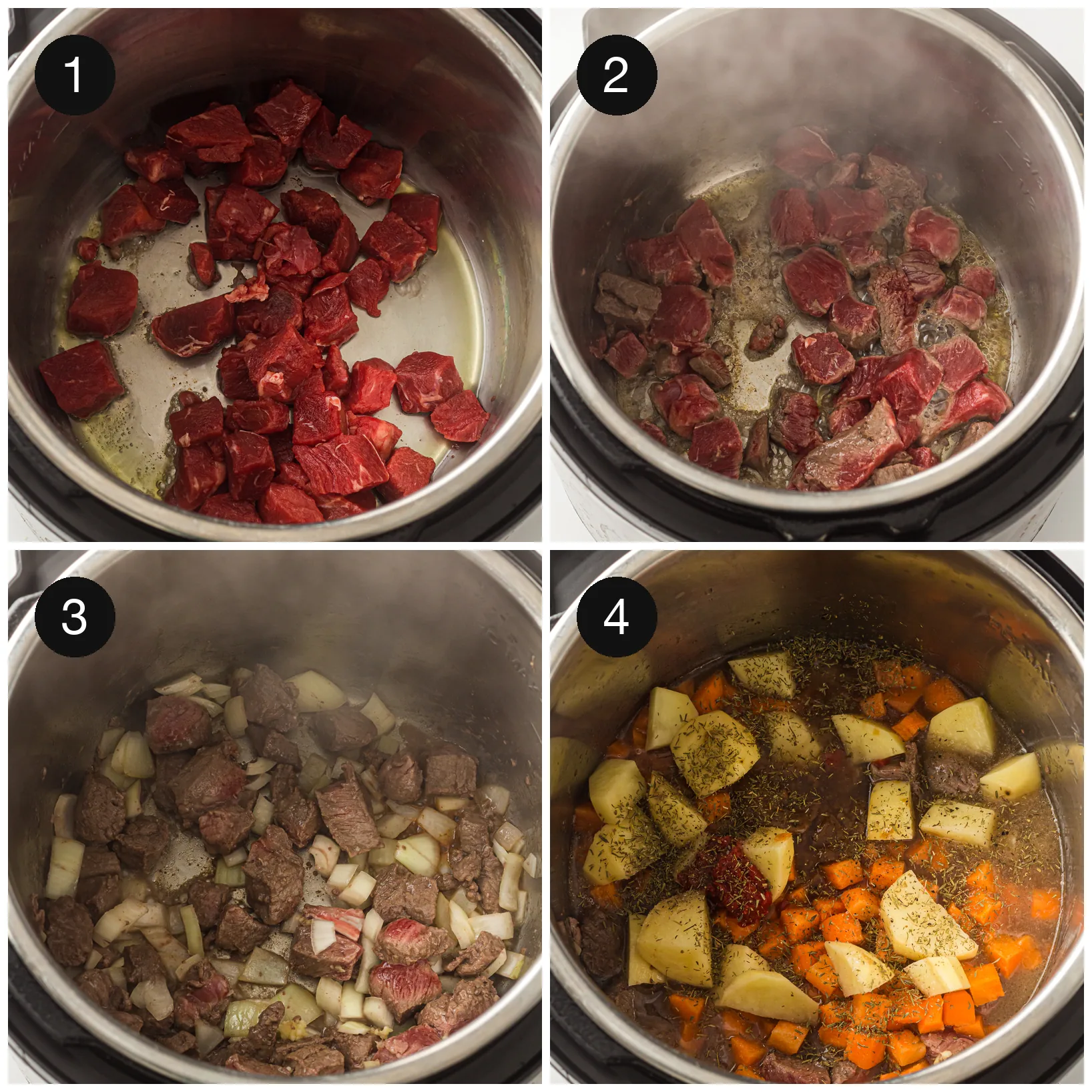 Cubed chuck searing in the pressure cooker, then vegetables added on top