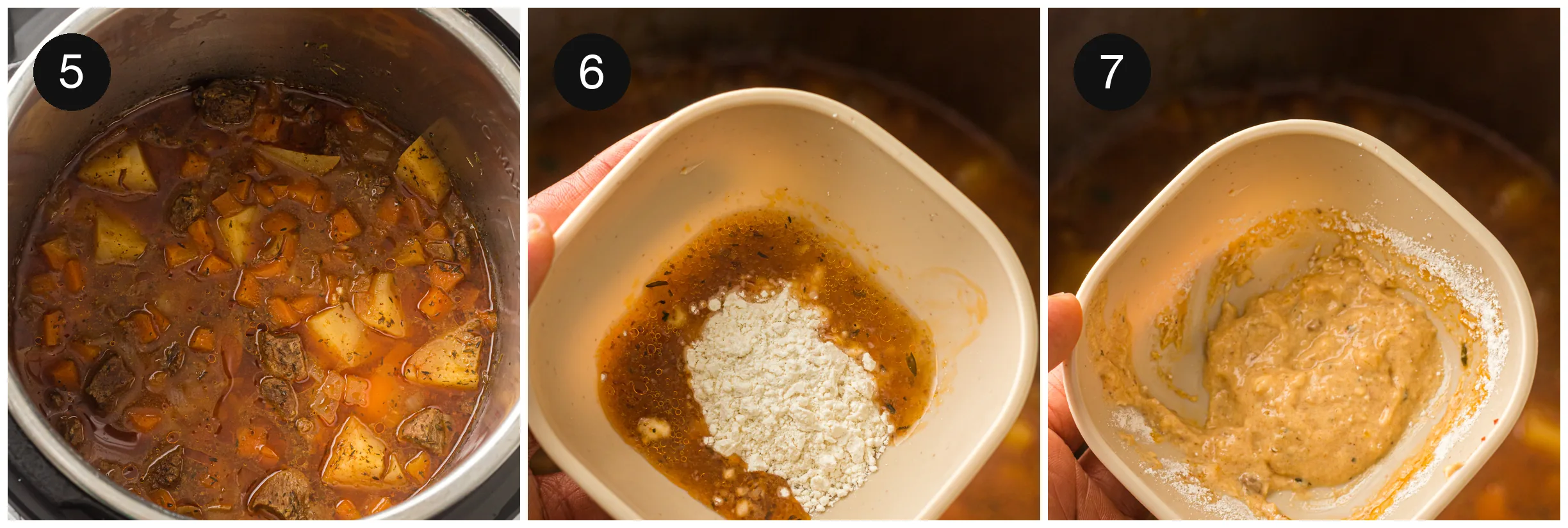 Finished stew in the pot, cornstarch slurry mixed and stirred through to thicken