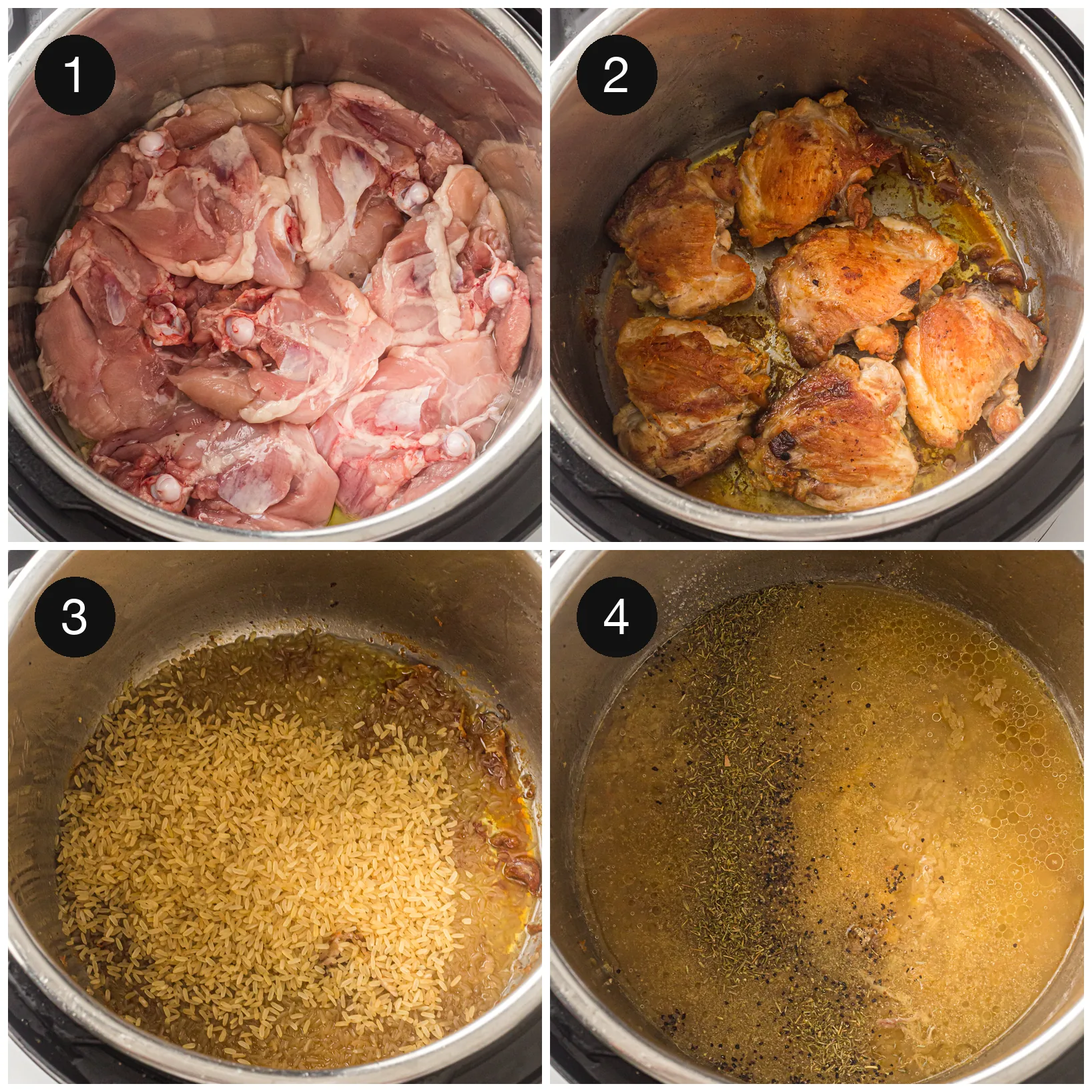 Chicken thighs browning in the pressure cooker, then rinsed grains and broth added to the pot