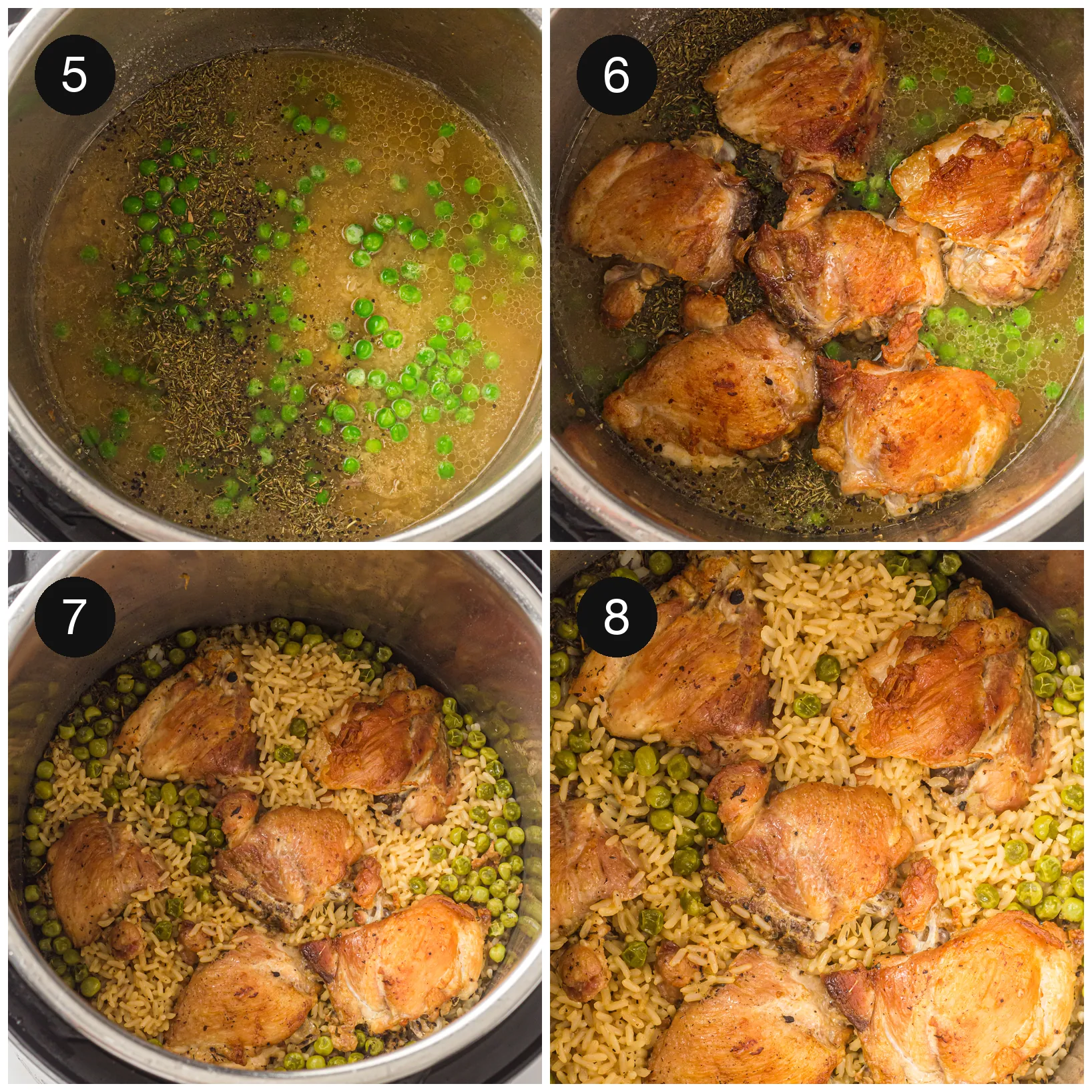 Peas scattered over the grains with browned thighs resting on top, then the finished pot