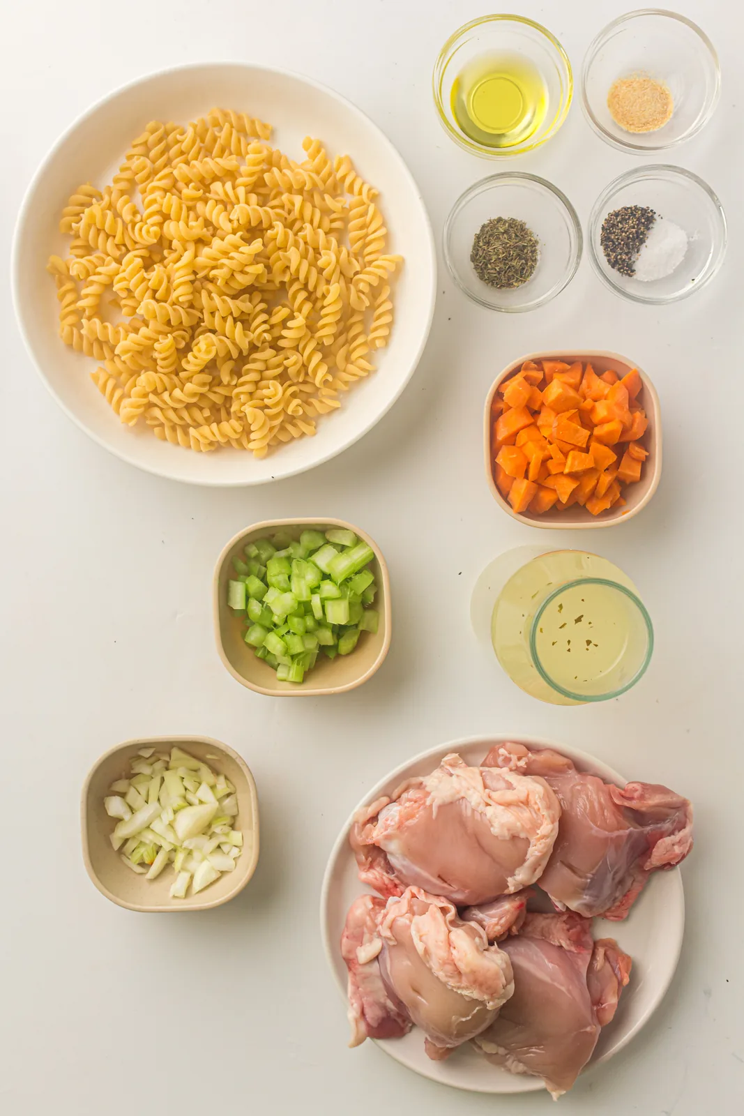 Ingredients for instant pot chicken noodle soup: bone in thighs, fusilli, carrot, celery, onion and broth
