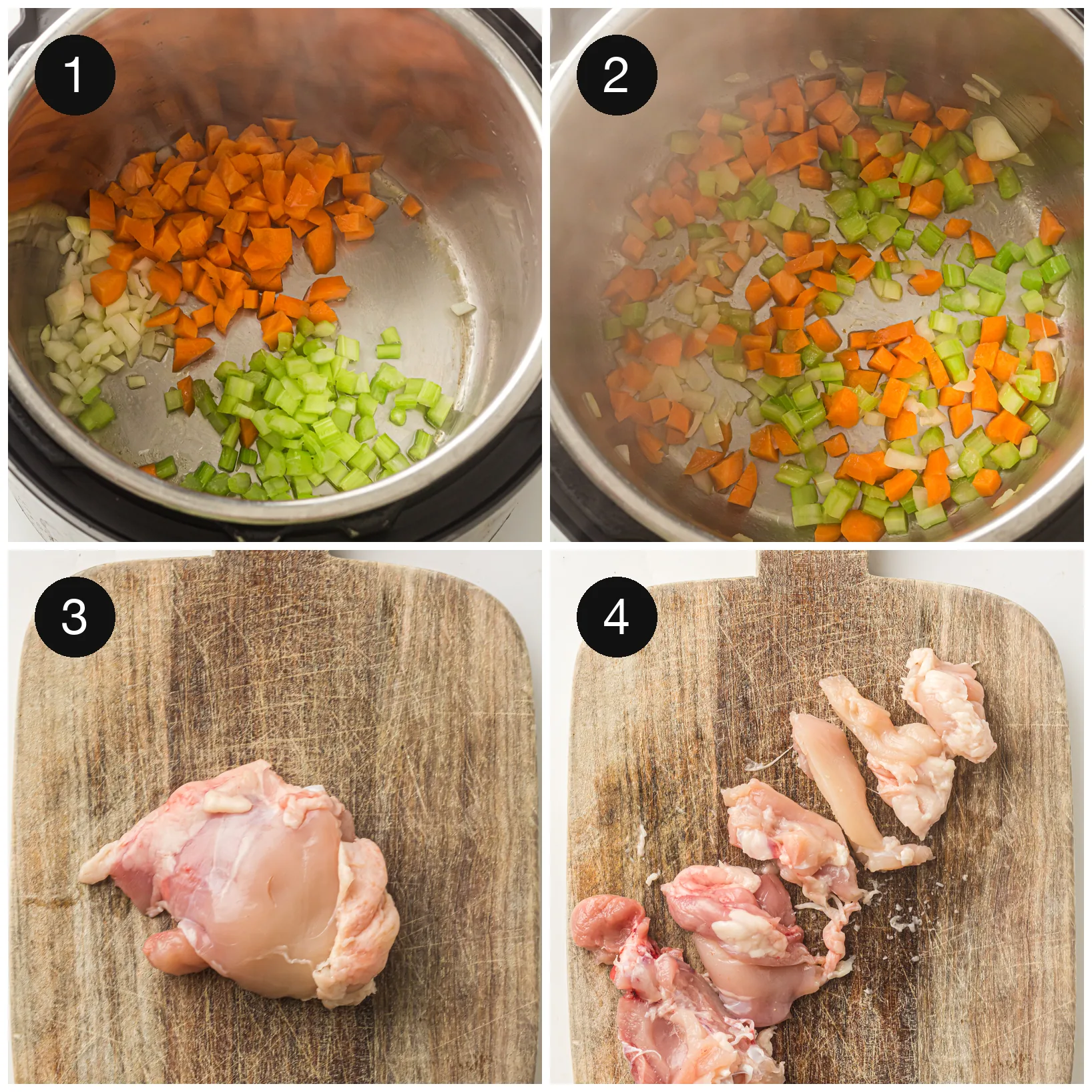 Diced onion, carrot and celery softening in the pressure cooker, chicken thighs sliced on a board