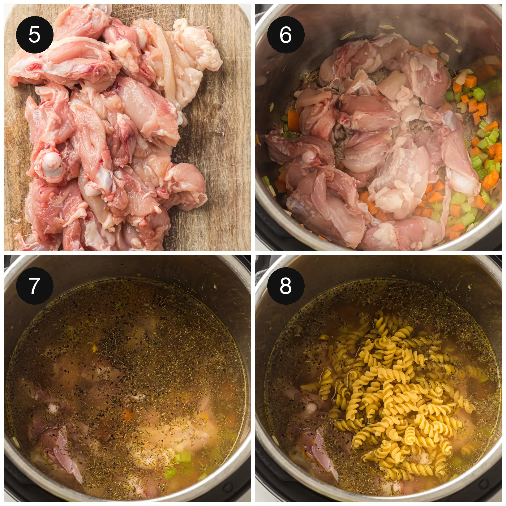 Sliced chicken and bones going into the pot with broth, then the dry spirals stirred in