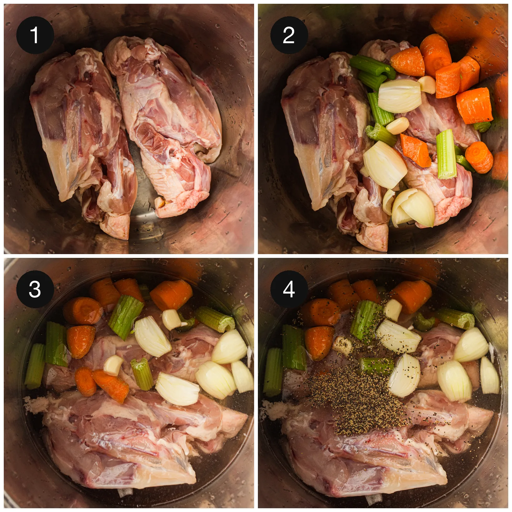 Chicken bones in the pressure cooker with roughly chopped carrot, celery and onion added