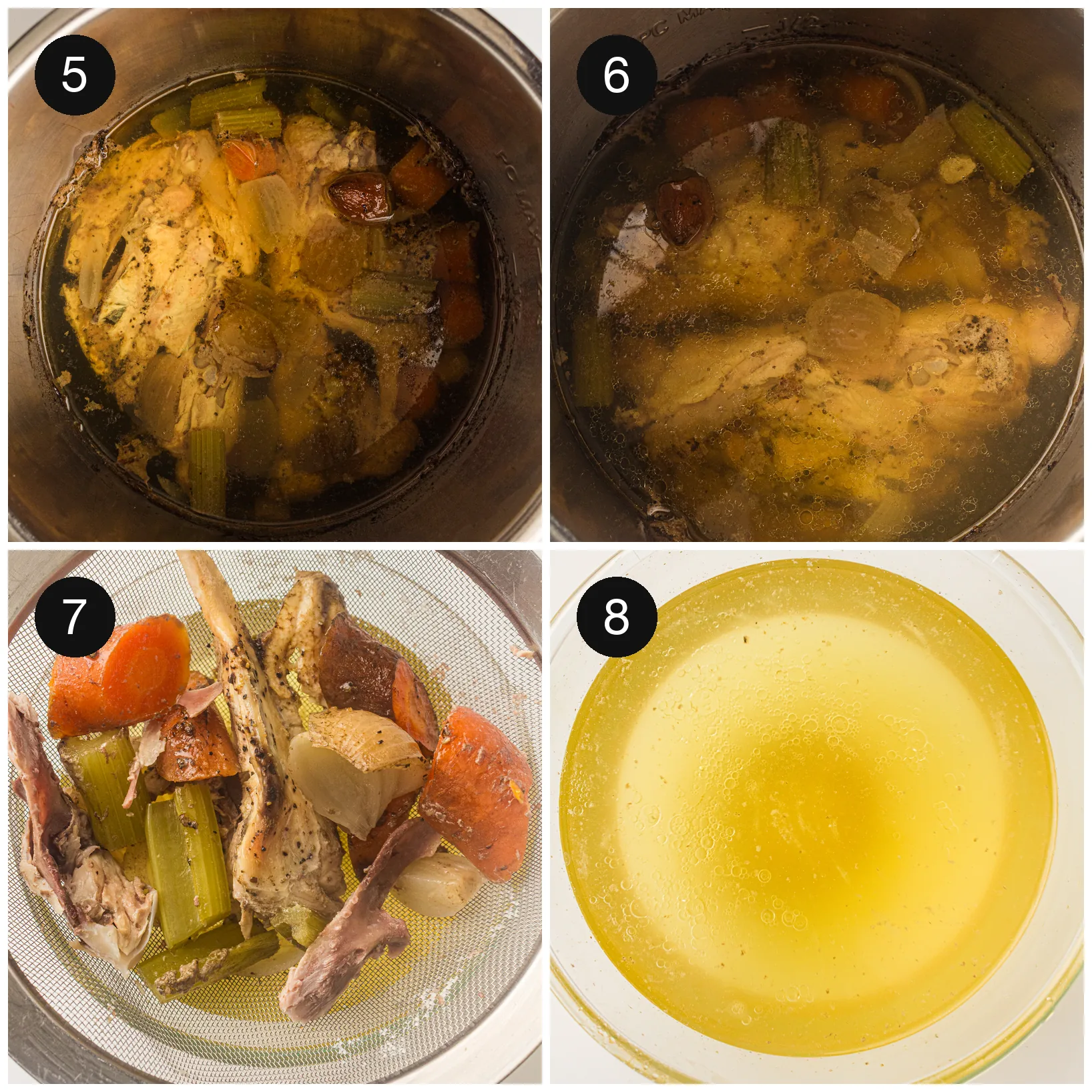 The pot mid cook and then finished, cloudy golden liquid with softened vegetables and bones