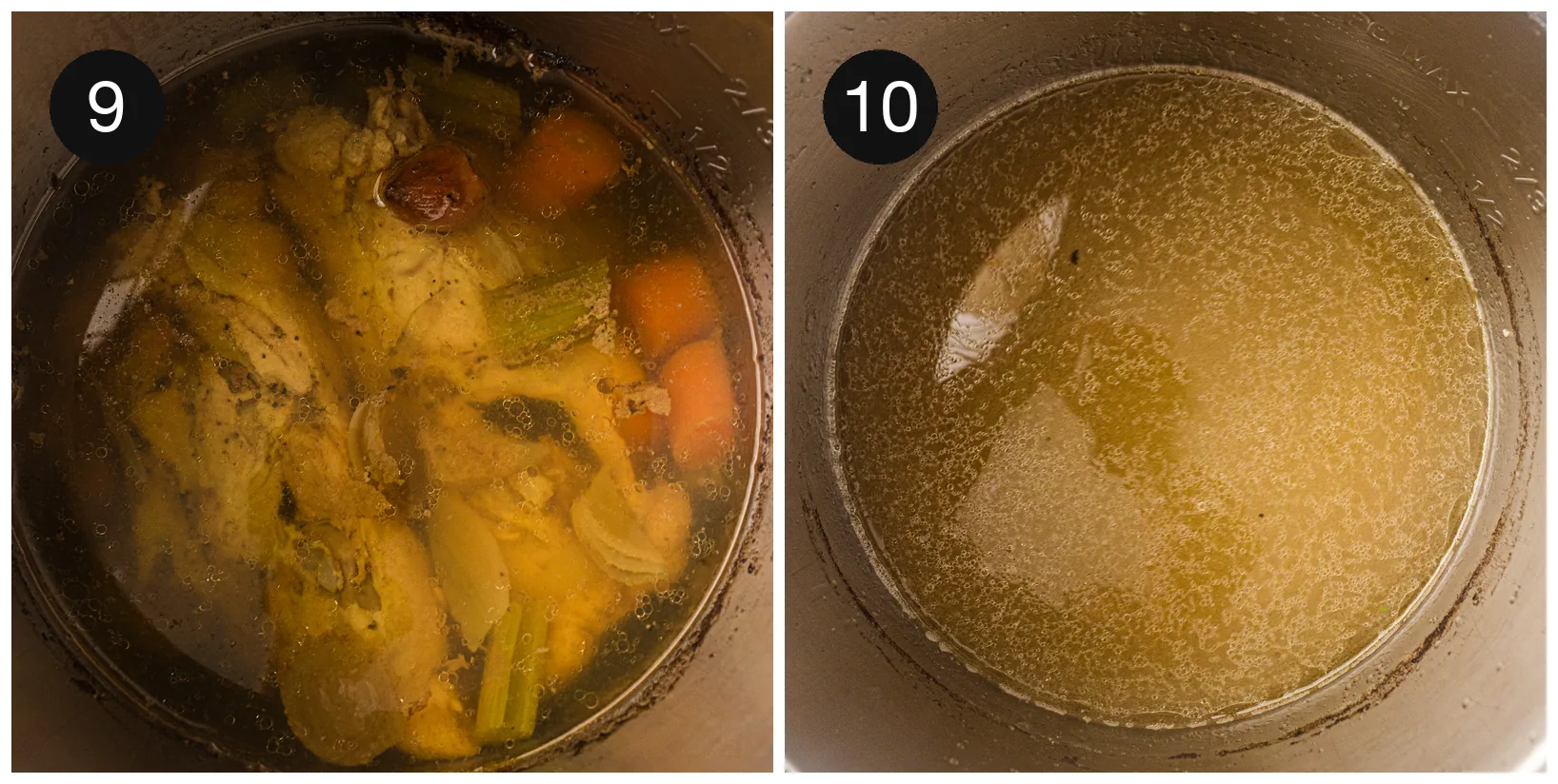 Straining the finished liquid through a sieve into a bowl, leaving bones and vegetables behind