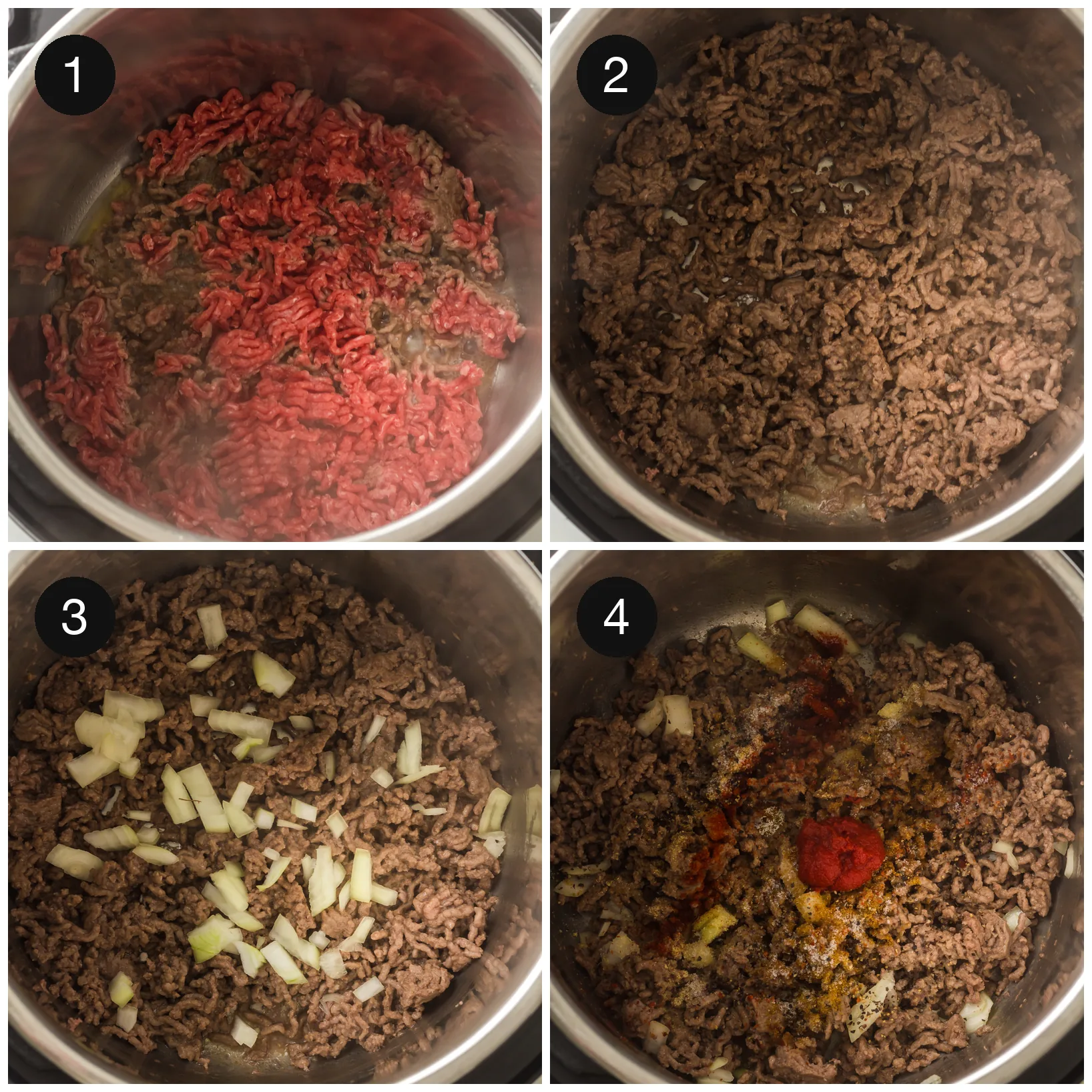 Ground beef browning and breaking apart in the pressure cooker, then onion and spices stirred in