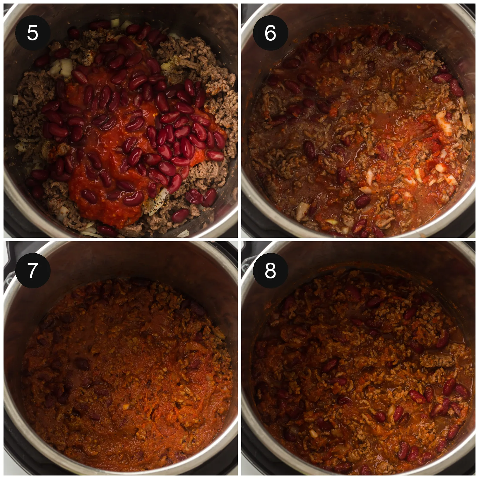 Canned tomatoes and beans stirred through the browned mince, then the finished pot after pressure