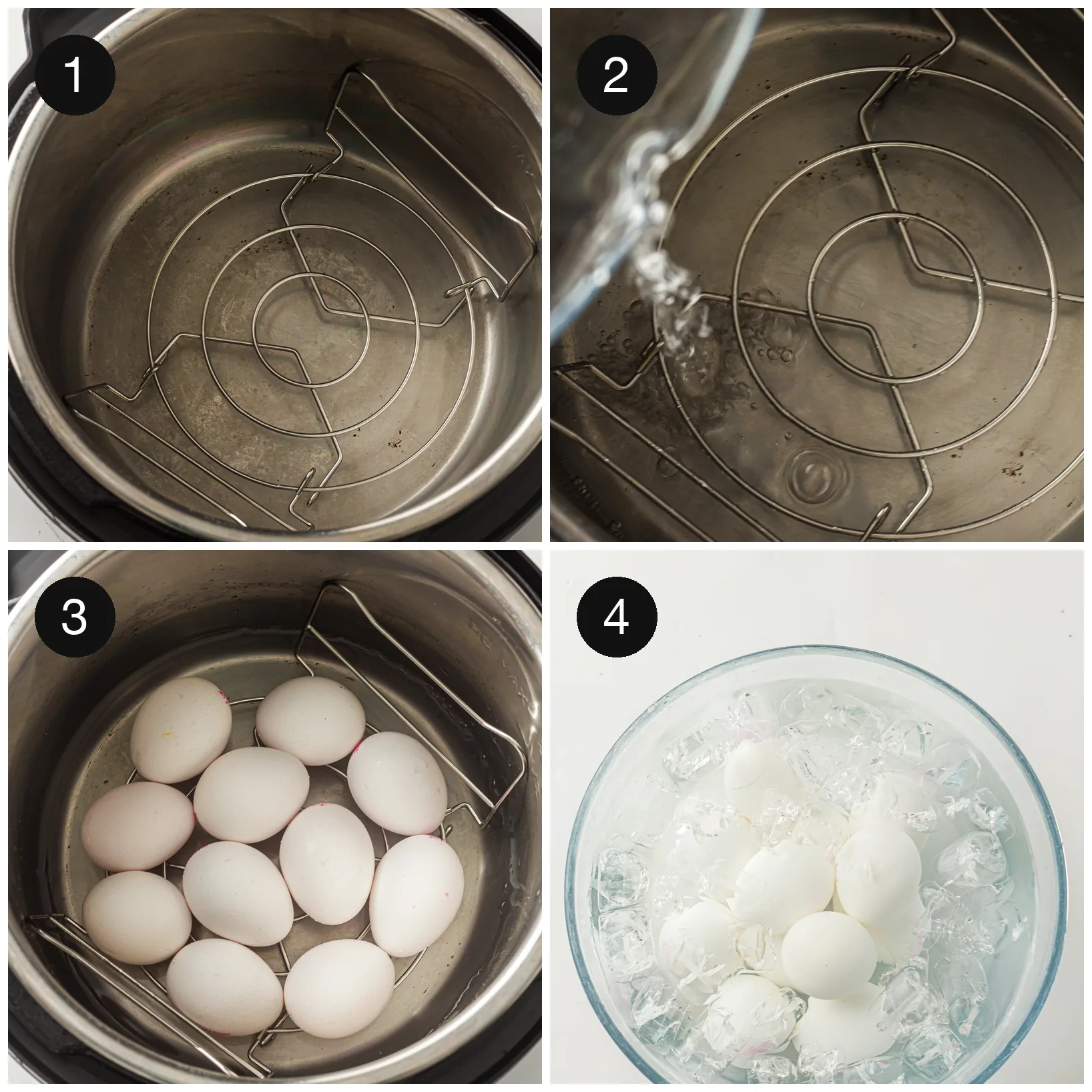 Wire trivet in the base of the pot, water poured in, whole shells arranged on the rack