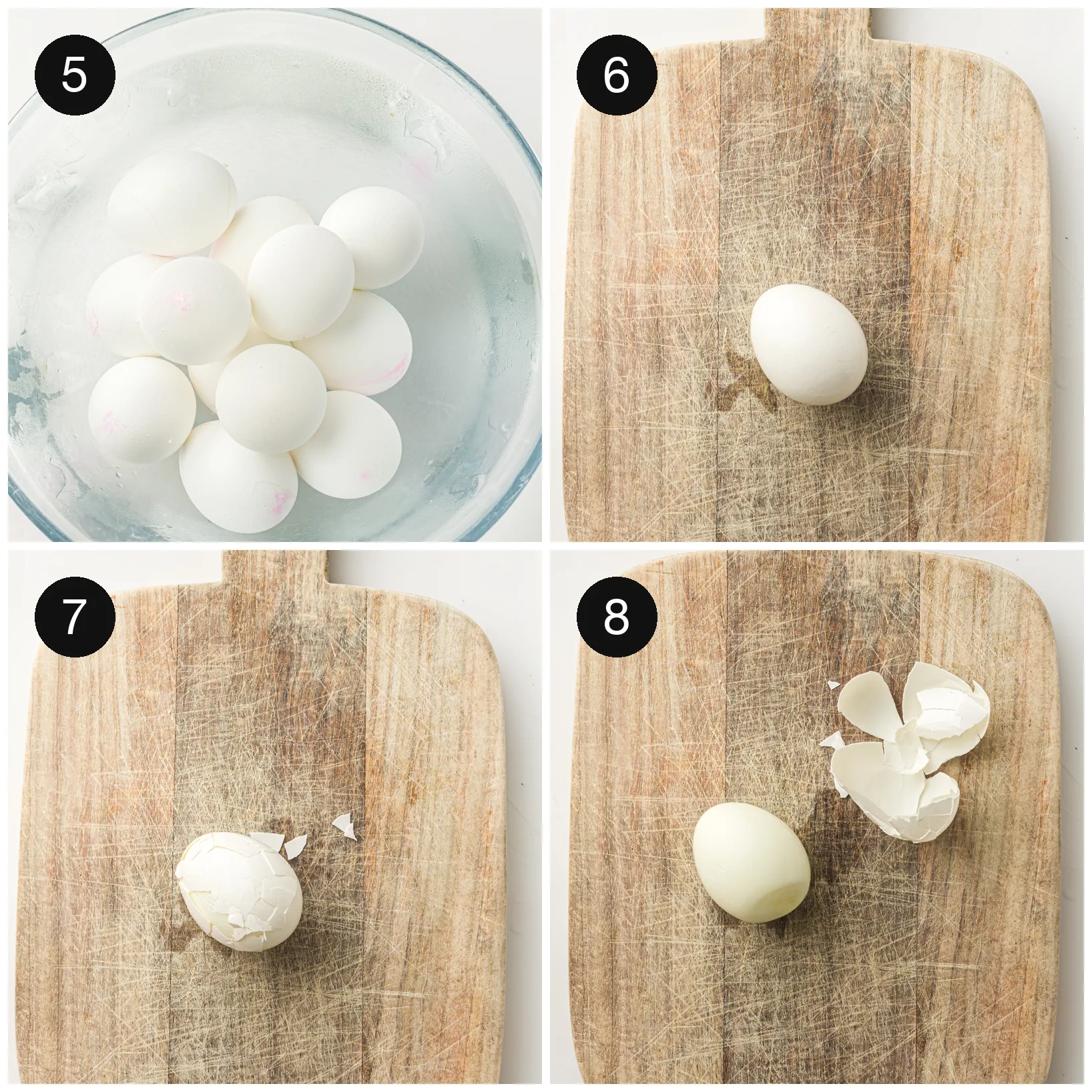 Cooked shells cooling in a bowl of iced water, then one being cracked on a wooden board