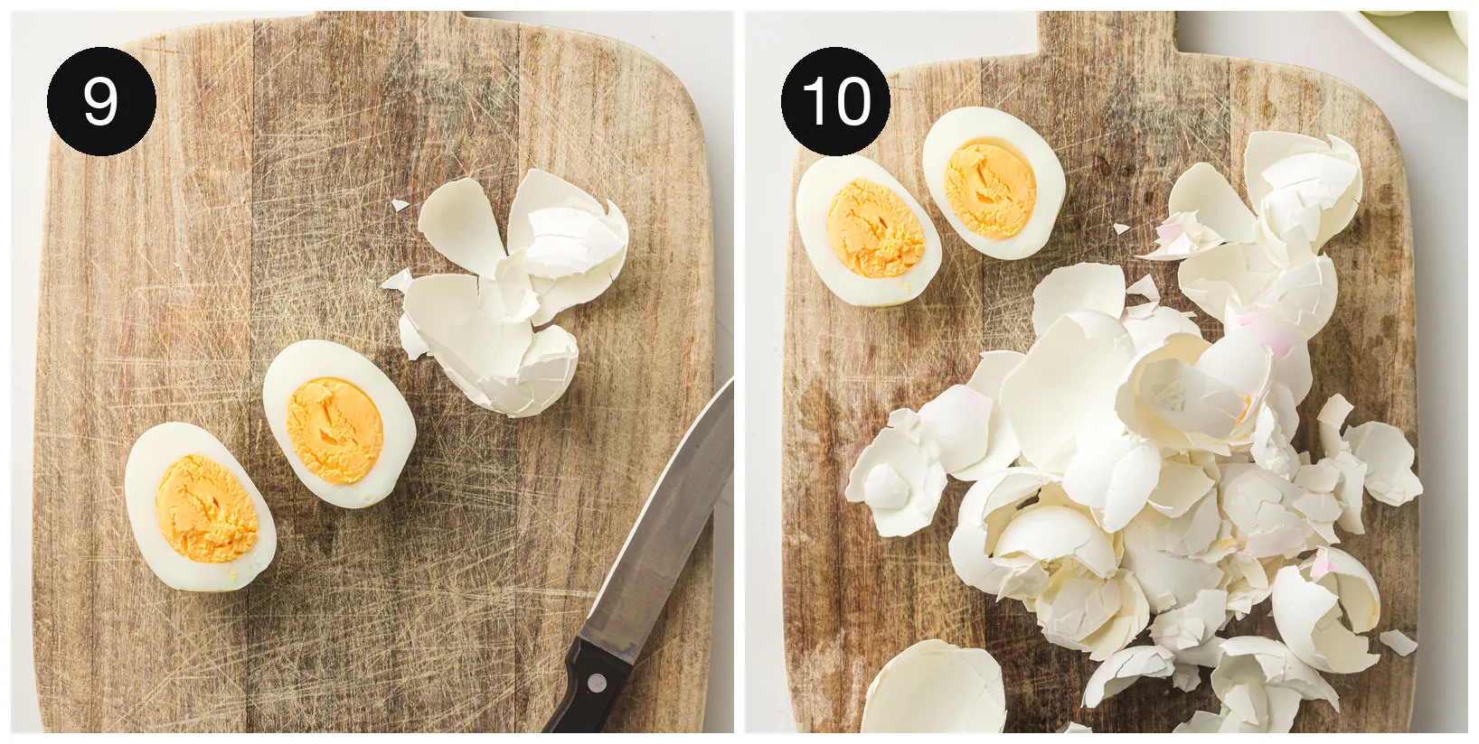 Peeled whites cut in half on a board beside a small pile of discarded shell