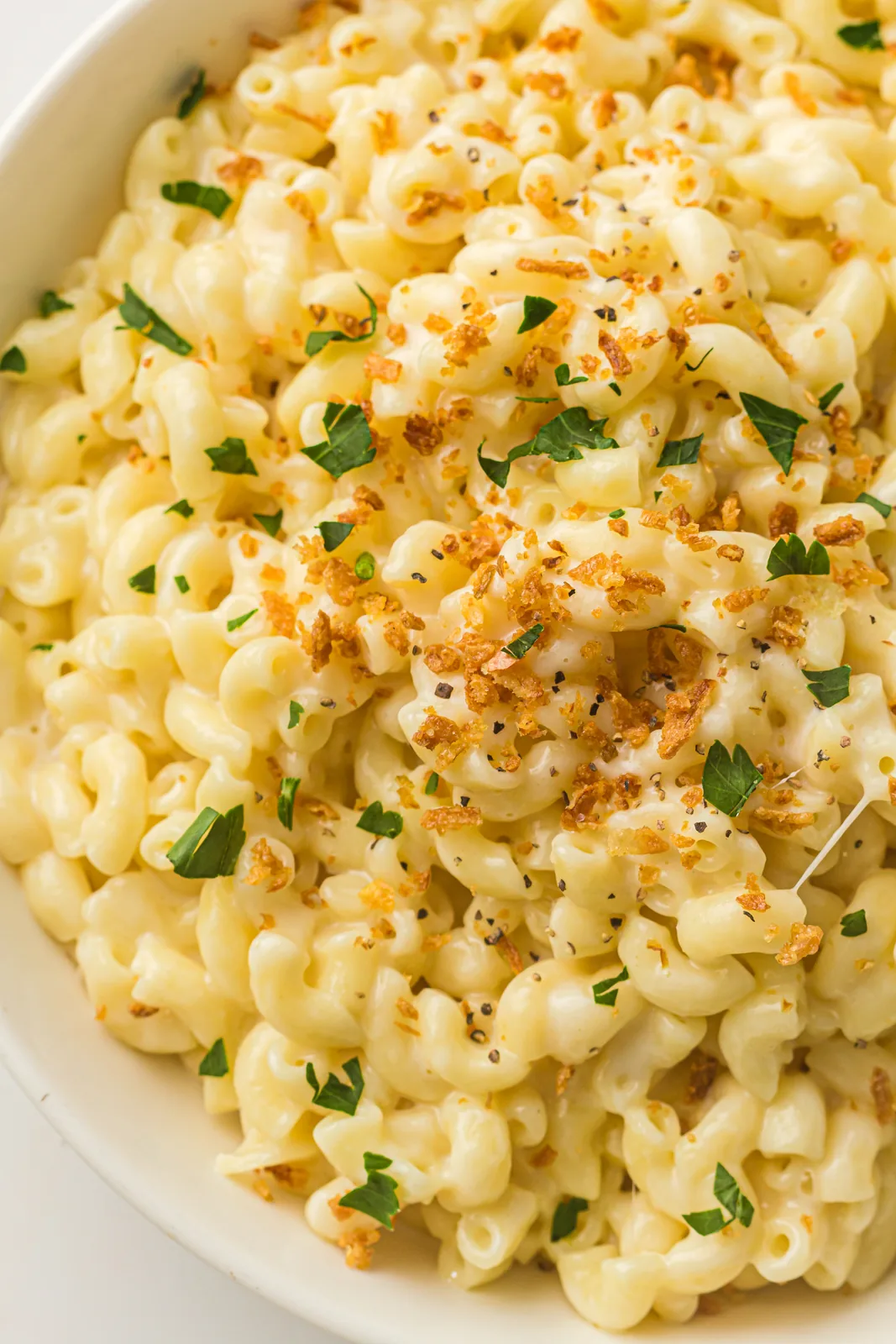 Instant pot mac and cheese in a shallow bowl with toasted crumbs and parsley on top