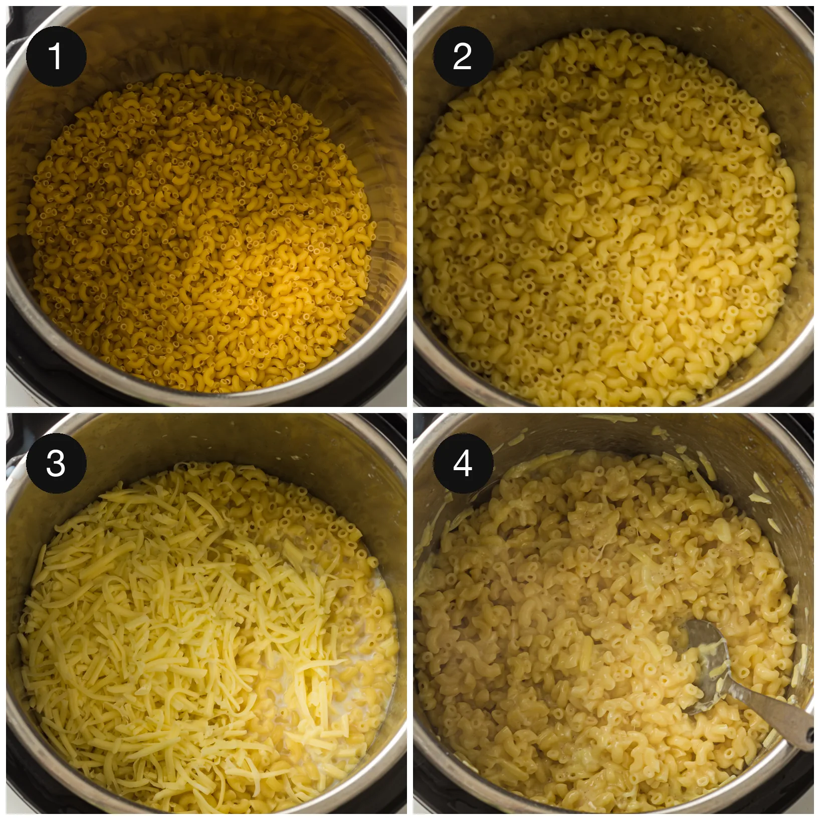 Dry elbows and water in the pressure cooker, then shredded cheddar added and stirred through