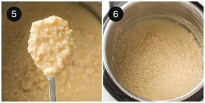 Cooked porridge being stirred with a spoon after the pressure released