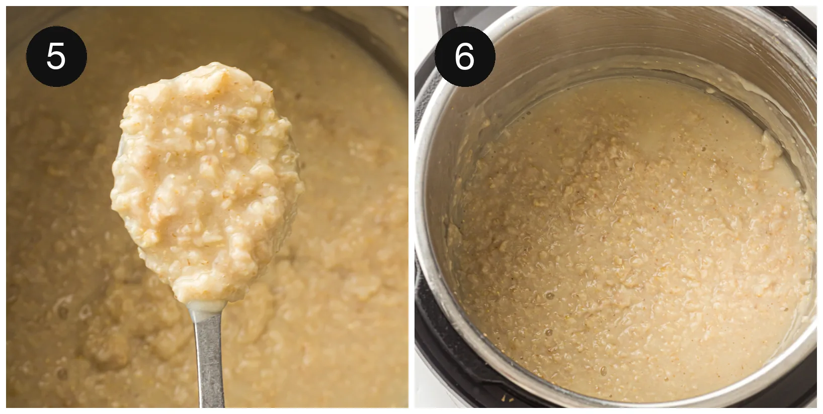 Cooked porridge being stirred with a spoon after the pressure released