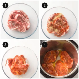 Seasoned shoulder steaks rubbed with paprika and spices before searing
