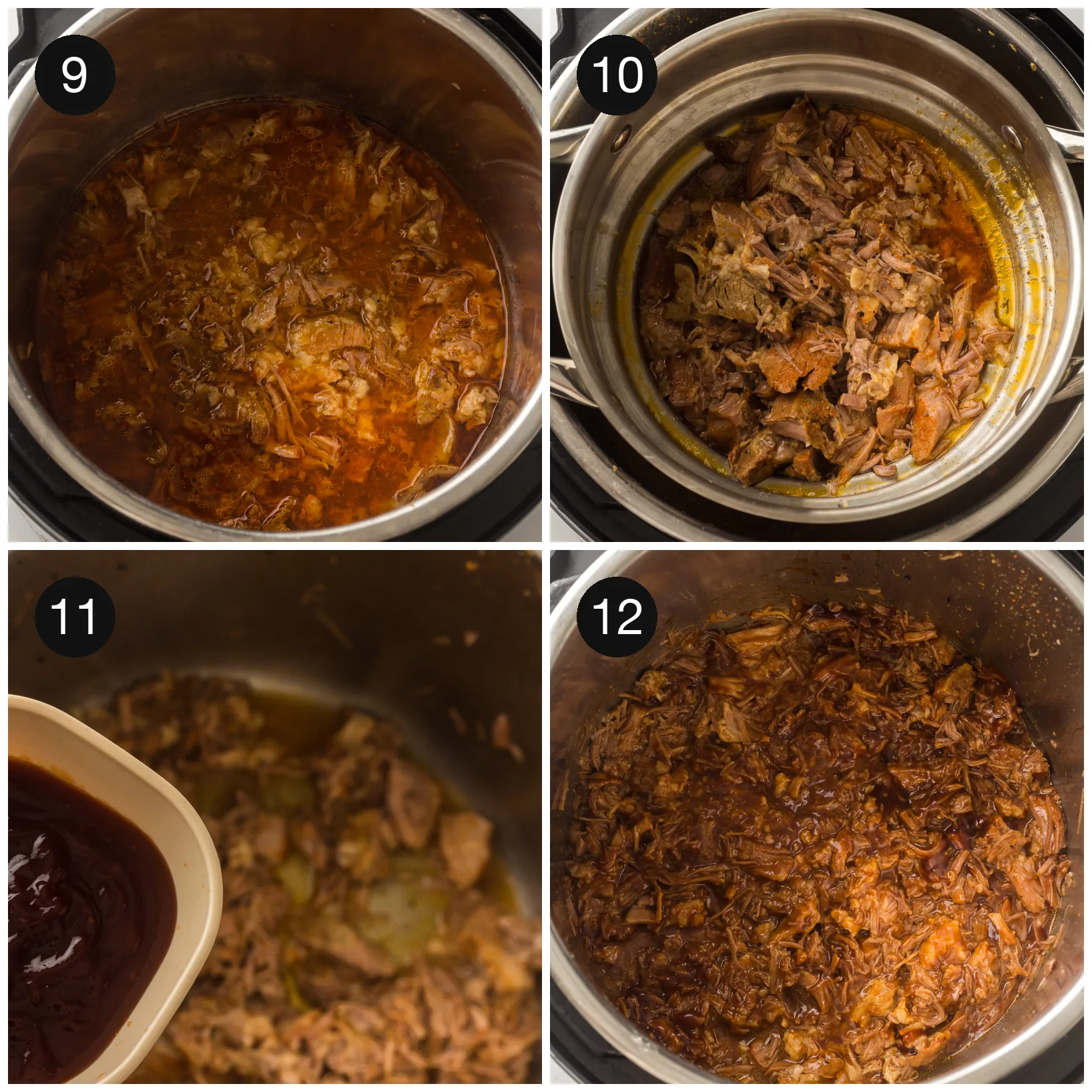 Tender cooked meat being lifted from the pot with tongs