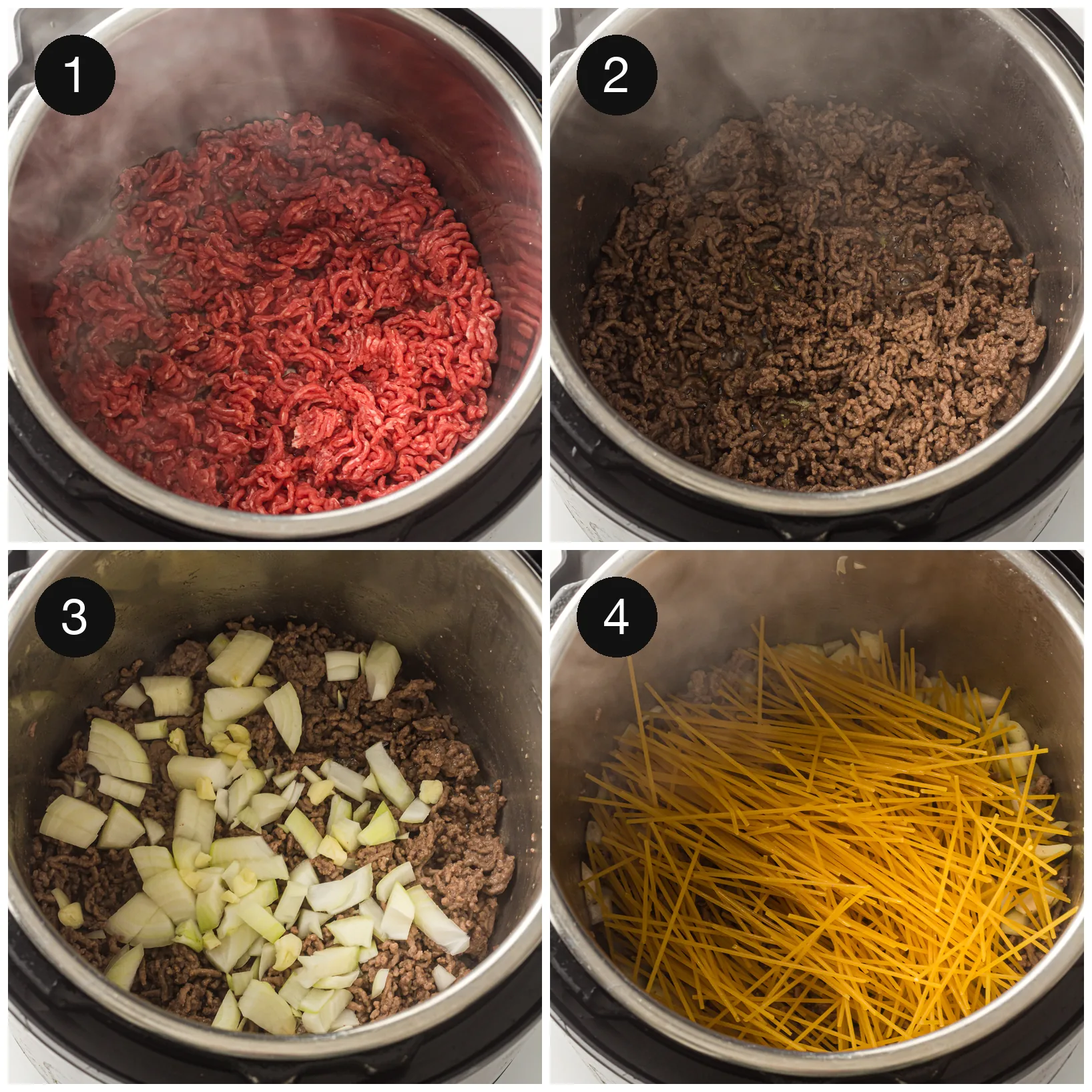 Browned mince with onion and garlic cooking in the base of the pot