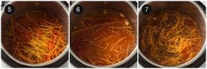 Sauce and water poured over the layered dry strands before sealing the lid
