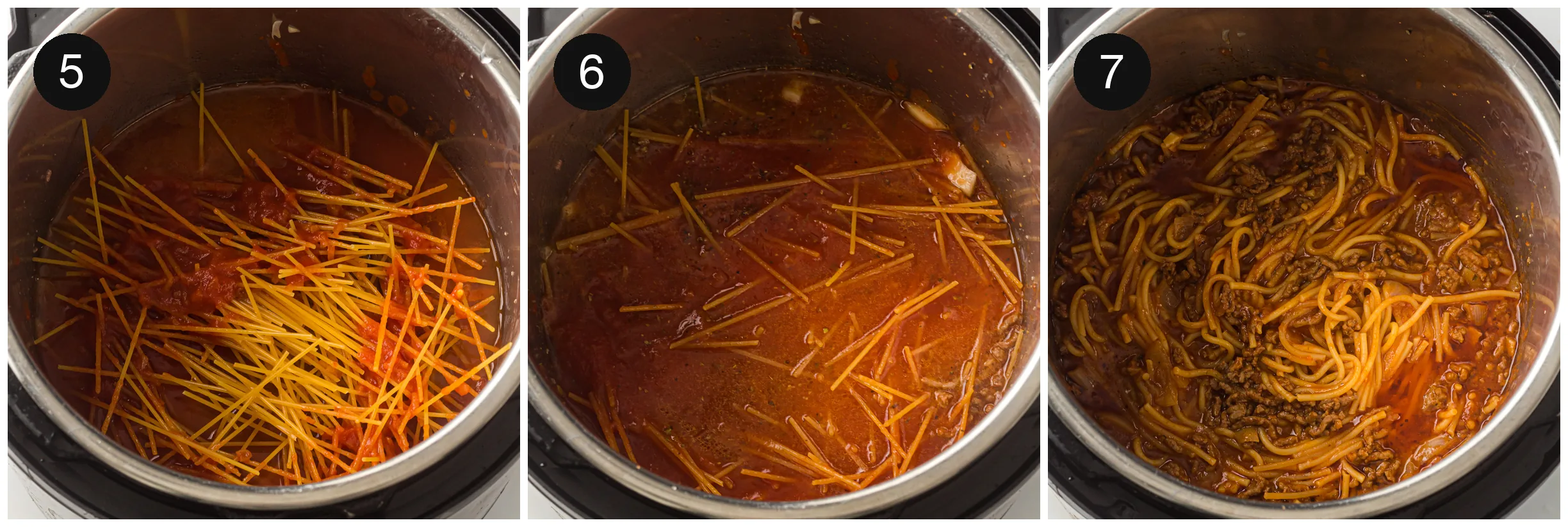 Sauce and water poured over the layered dry strands before sealing the lid